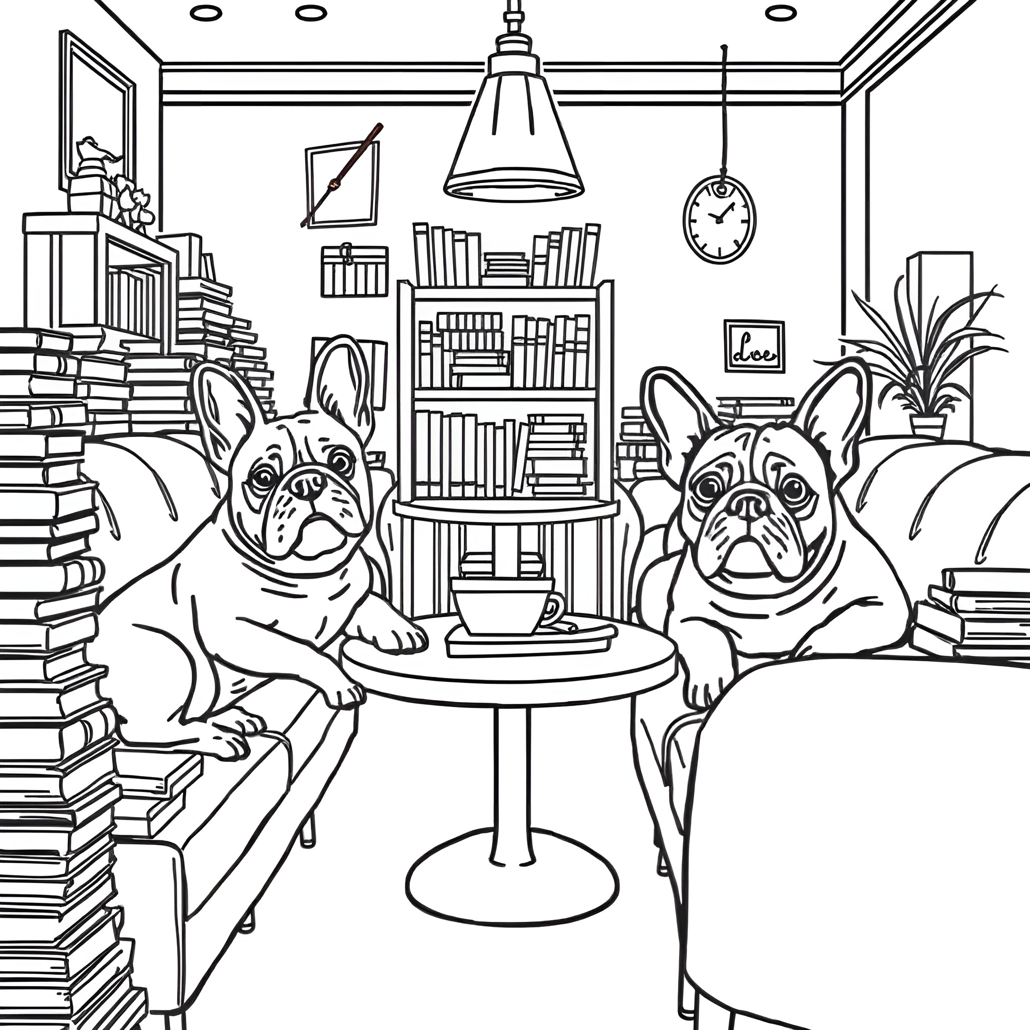 Bulldog Buddies in a Cozy Library Coloring Page (free black-and-white line drawing printable PDF for all, from beginners to advanced learners, including children, teens, adults, and seniors)