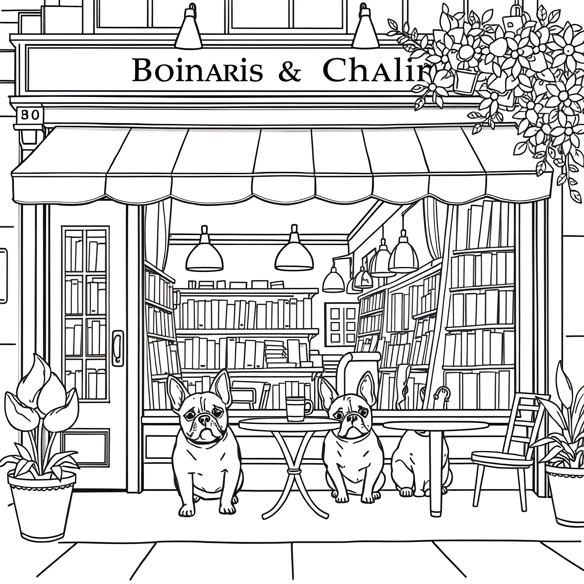 Dogs relaxing outside a bookstore Coloring Page (free black-and-white line drawing printable PDF for all, from beginners to advanced learners, including children, teens, adults, and seniors)
