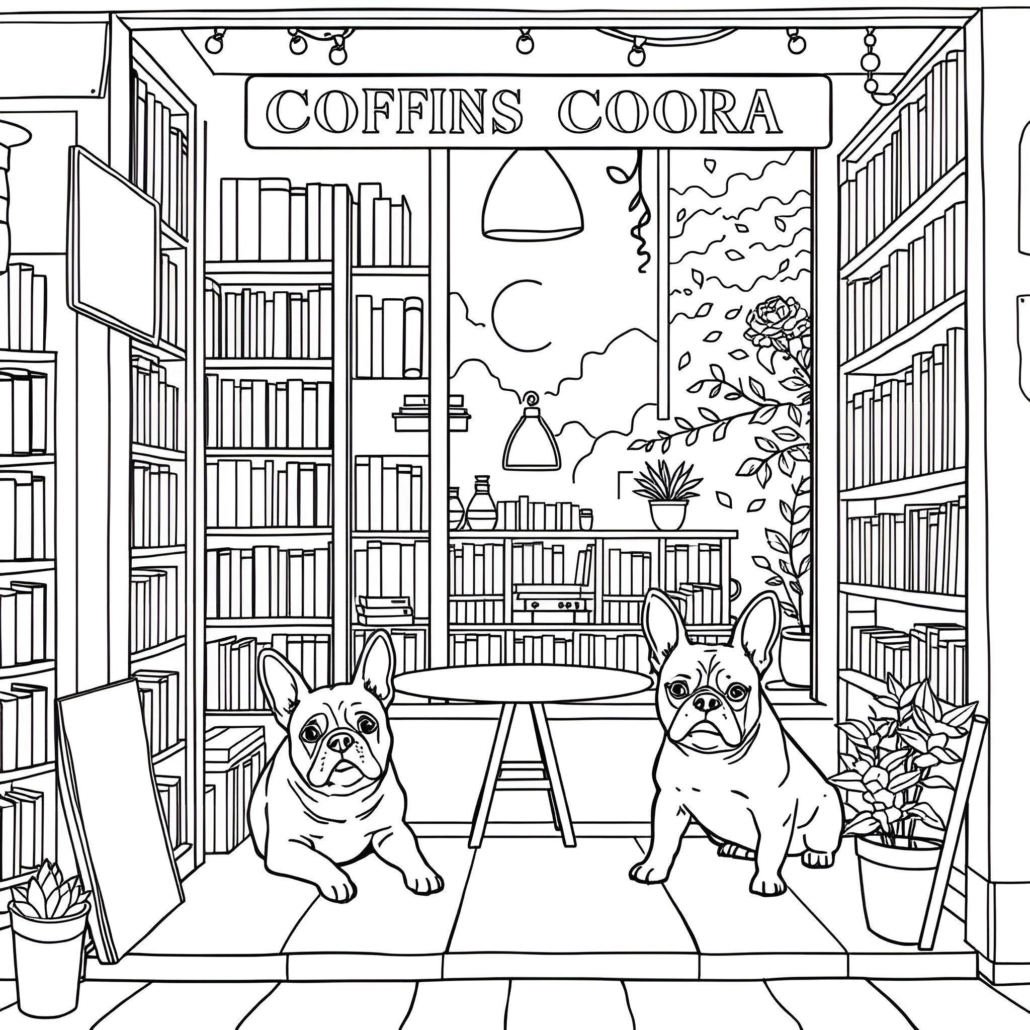 Book Storefront with Playful Pups Coloring Page (free black-and-white line drawing printable PDF for all, from beginners to advanced learners, including children, teens, adults, and seniors)
