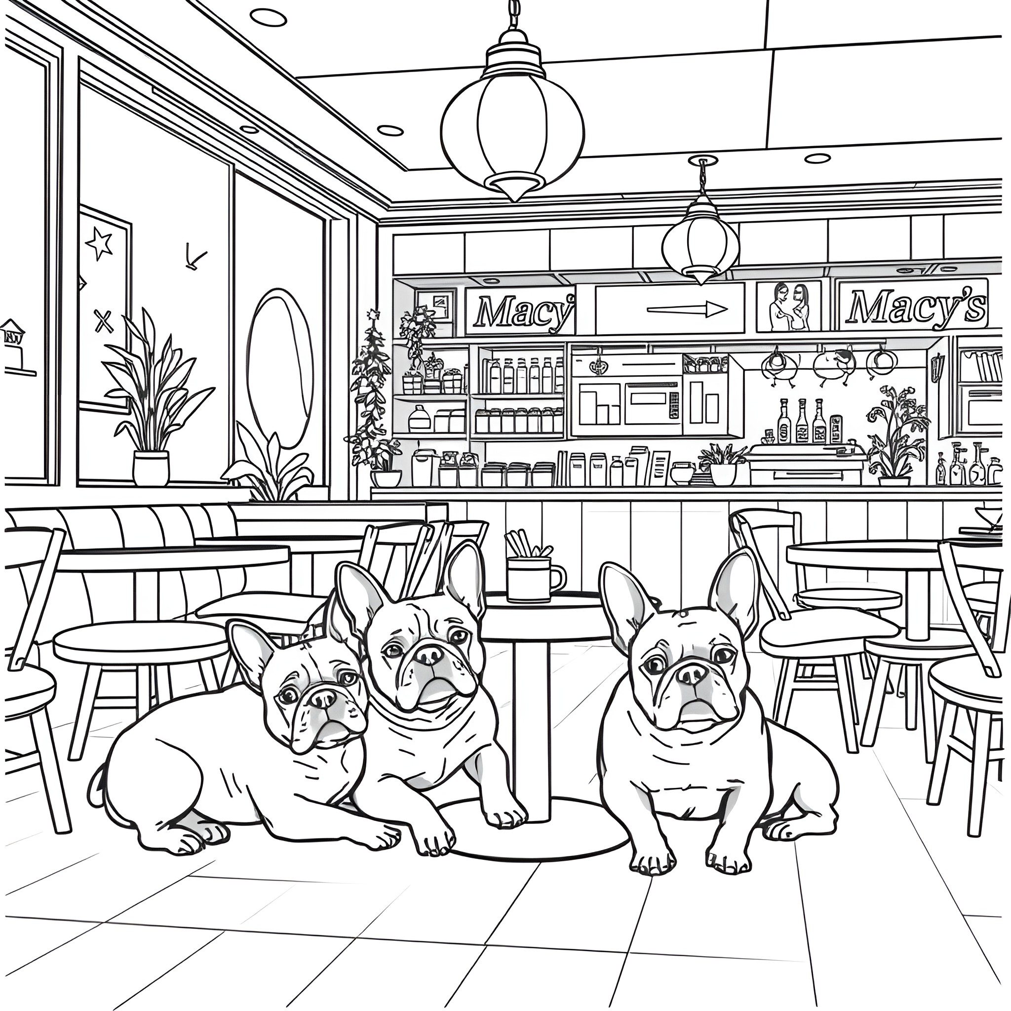 Bulldog puppies relaxing in a cozy cafe Coloring Page (free black-and-white line drawing printable PDF for all, from beginners to advanced learners, including children, teens, adults, and seniors)