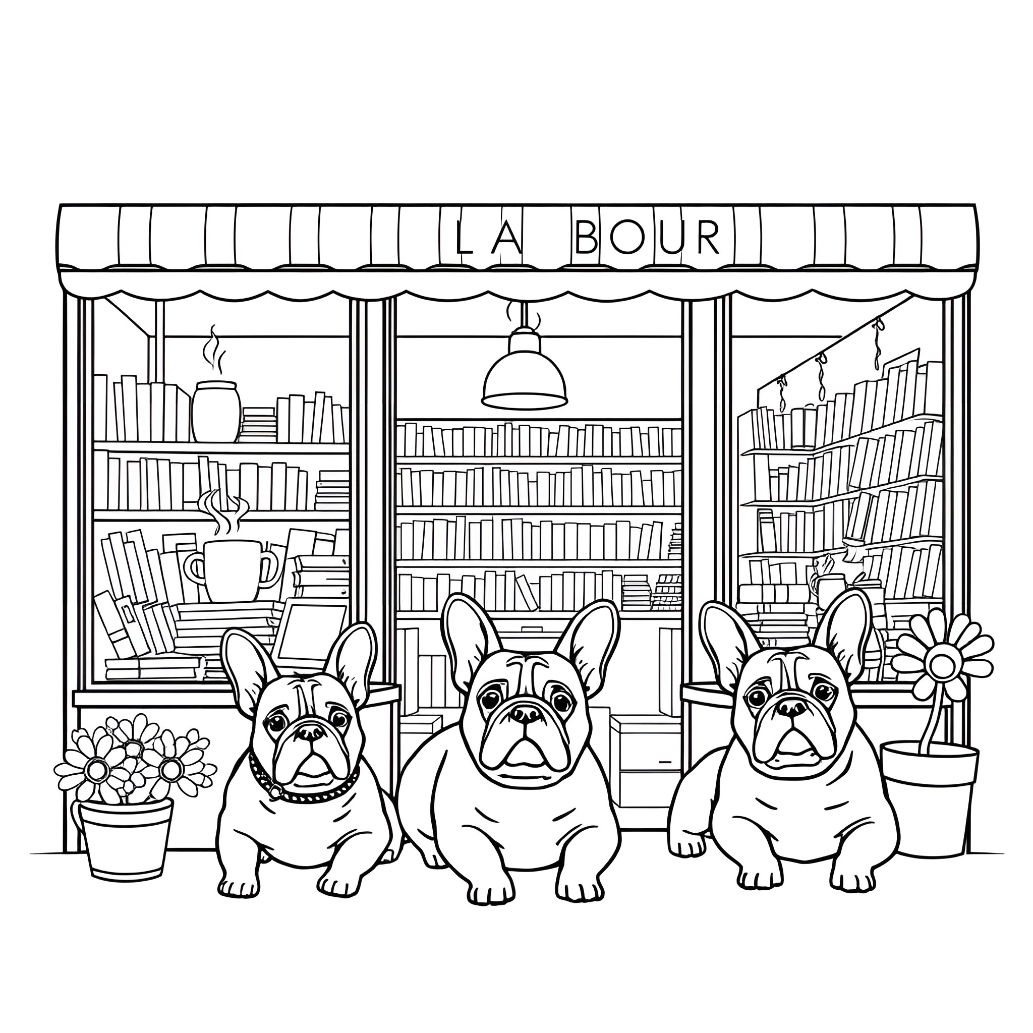 Bookstore with Cute French Bulldogs Coloring Page (free black-and-white line drawing printable PDF for all, from beginners to advanced learners, including children, teens, adults, and seniors)