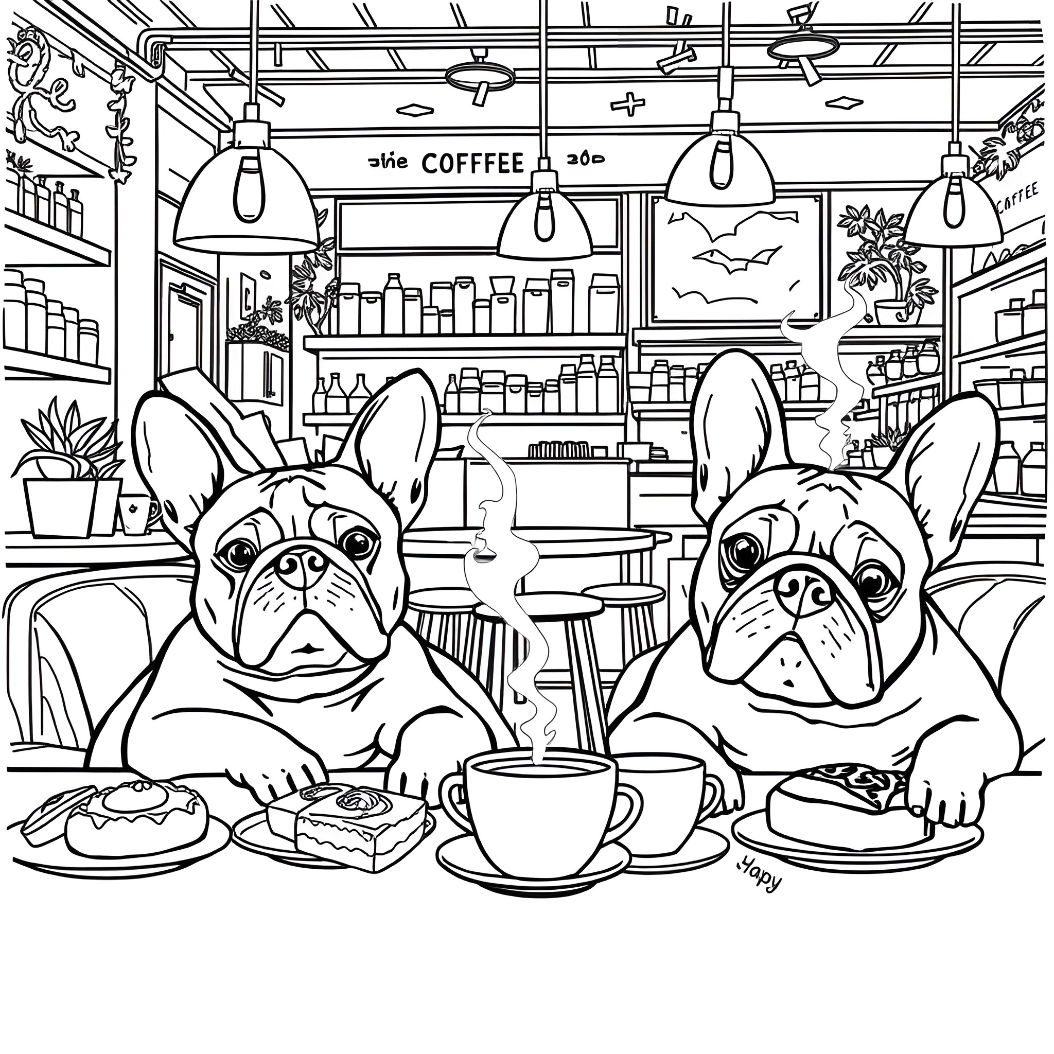 Bulldog friends enjoying coffee and snacks at a cafe Coloring Page (free black-and-white line drawing printable PDF for all, from beginners to advanced learners, including children, teens, adults, and seniors)