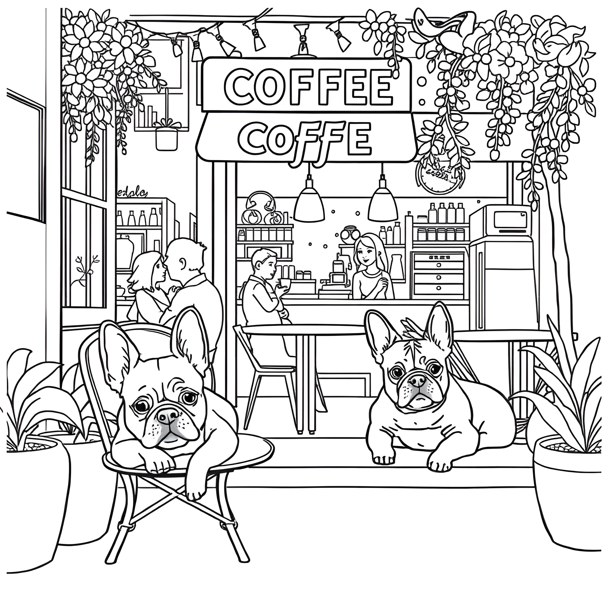 French Bulldog meeting friends at a Coffee Shop Coloring Page (free black-and-white line drawing printable PDF for all, from beginners to advanced learners, including children, teens, adults, and seniors)