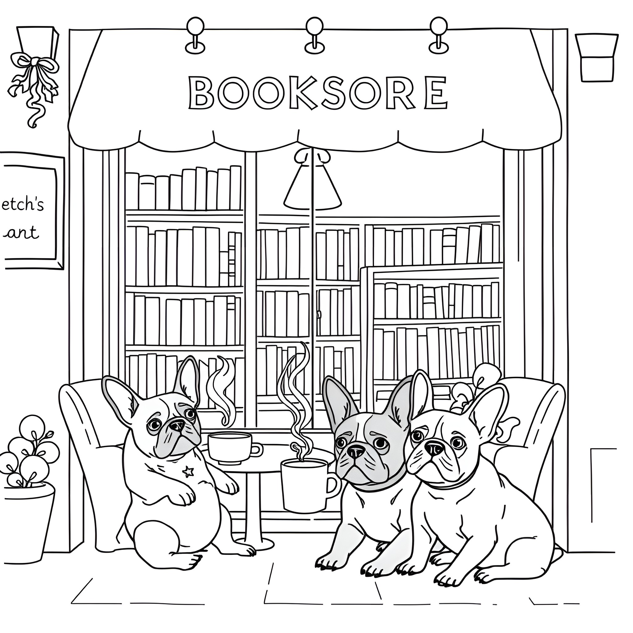 French Bulldogs enjoying a cozy day at the bookstore Coloring Page (free black-and-white line drawing printable PDF for all, from beginners to advanced learners, including children, teens, adults, and seniors)