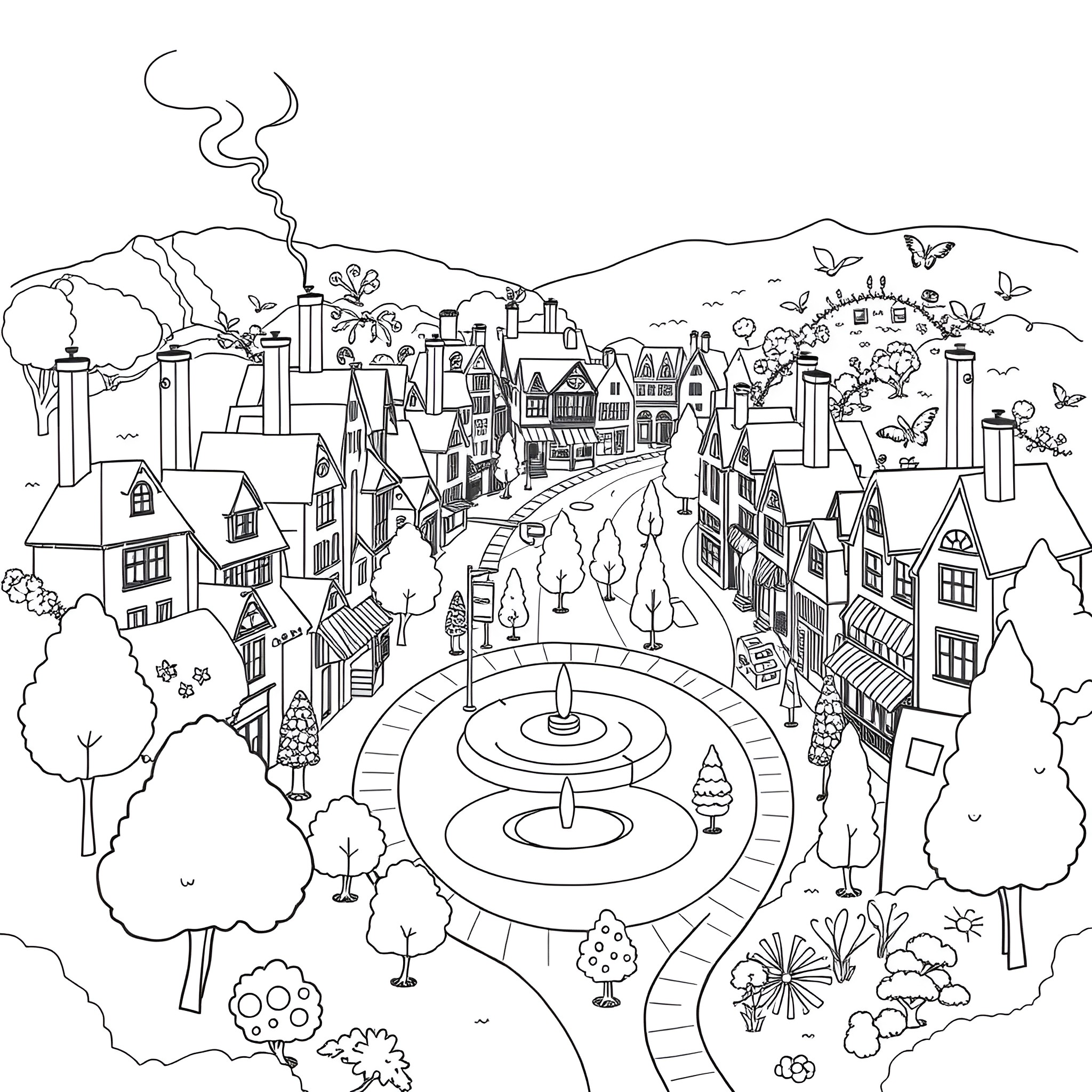 Map of a Whimsical Townscape with Fountains and Nature Coloring Page (free black-and-white line drawing printable PDF for all, from beginners to advanced learners, including children, teens, adults, and seniors)