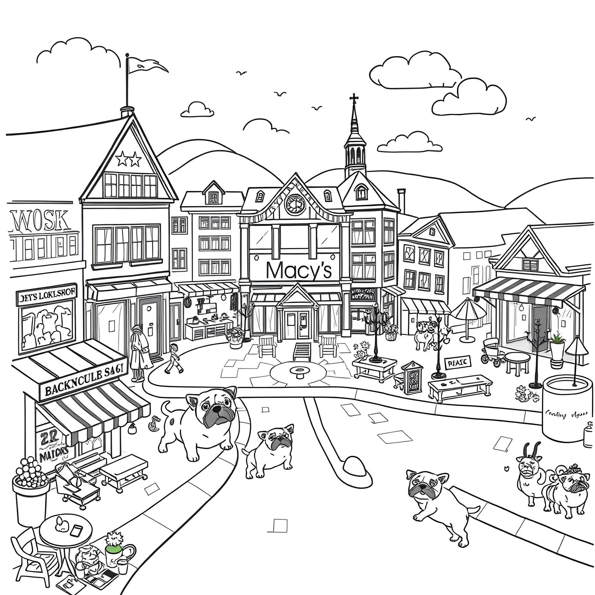 Bulldog puppies playing in a busy town square Coloring Page (free black-and-white line drawing printable PDF for all, from beginners to advanced learners, including children, teens, adults, and seniors)