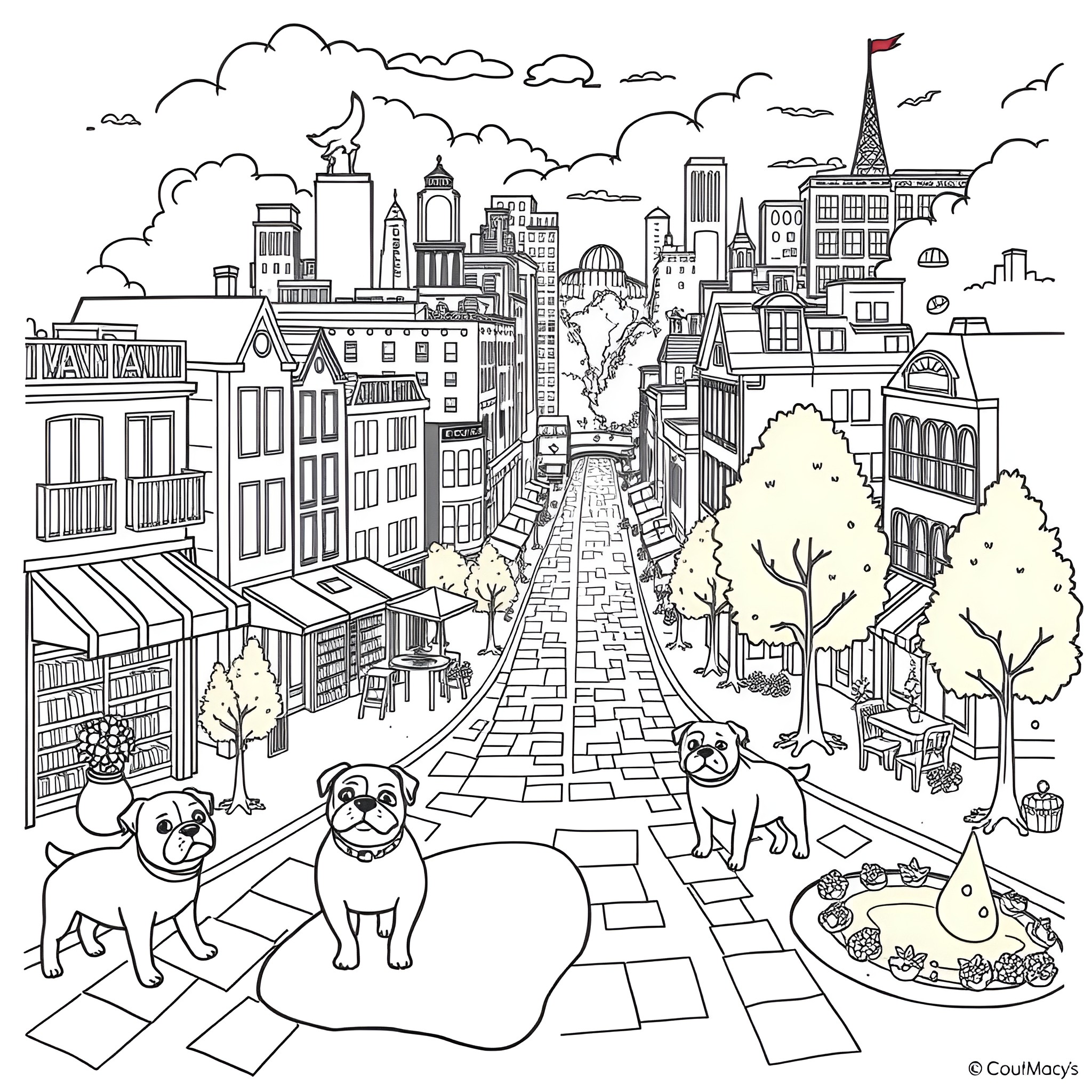 Bulldog Pups Explore Bustling City Sidewalks Coloring Page (free black-and-white line drawing printable PDF for all, from beginners to advanced learners, including children, teens, adults, and seniors)