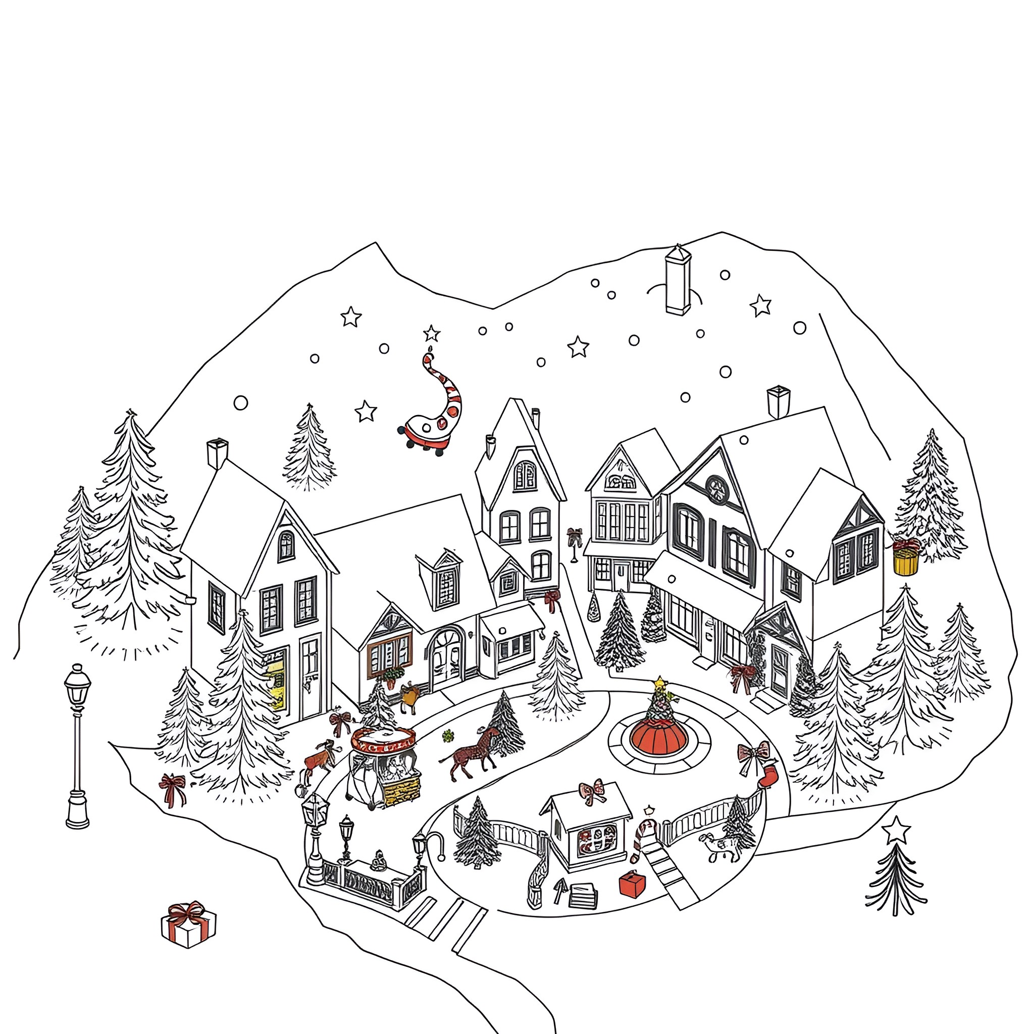 Christmas Town with Festive Scenes and Activities Coloring Page (free black-and-white line drawing printable PDF for all, from beginners to advanced learners, including children, teens, adults, and seniors)