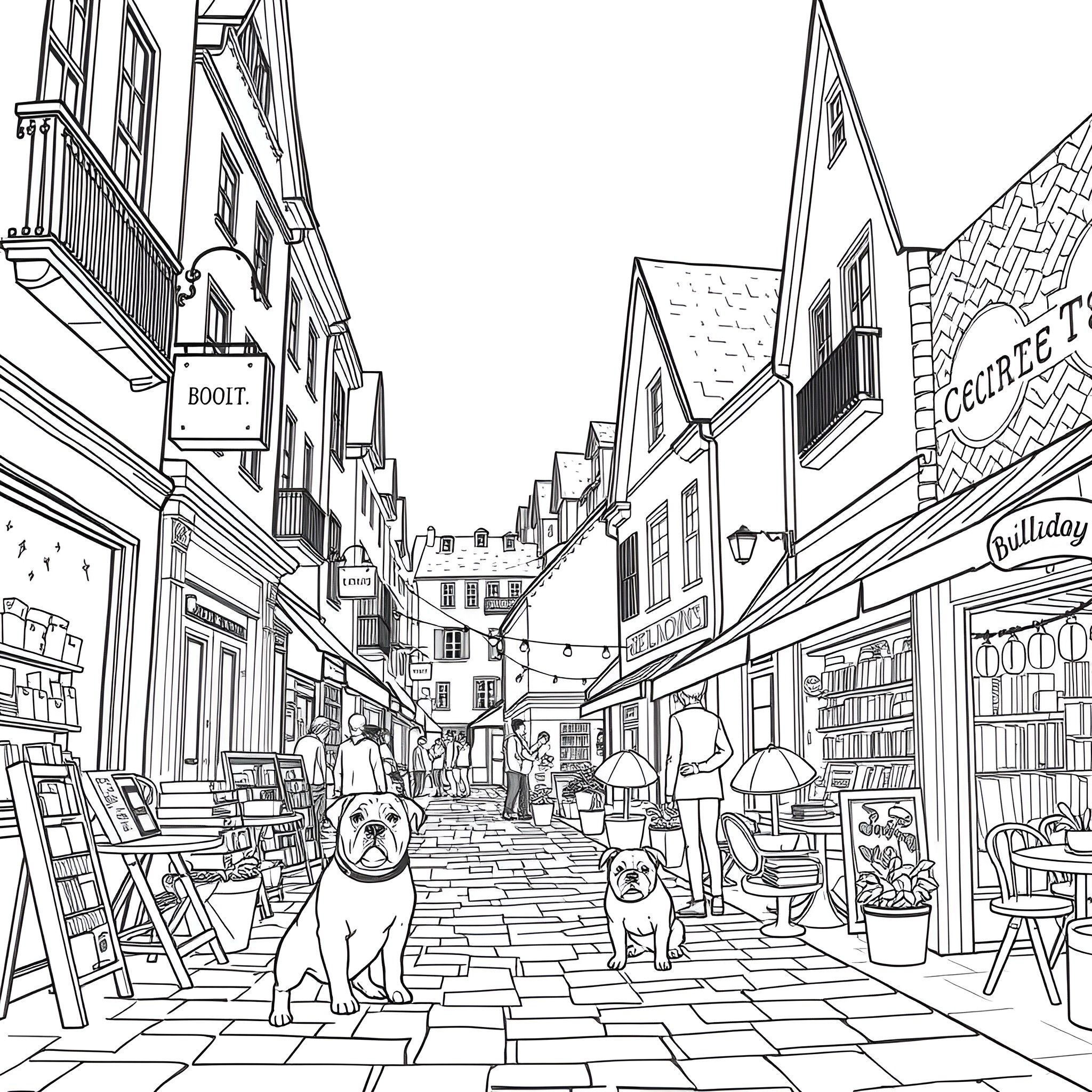 Bulldogs sitting in a bustling European street Coloring Page (free black-and-white line drawing printable PDF for all, from beginners to advanced learners, including children, teens, adults, and seniors)