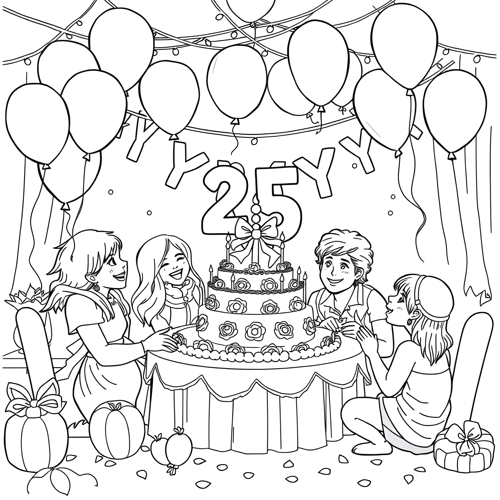 Birthday party celebration with friends and cake Coloring Page (free black-and-white line drawing printable PDF for all, from beginners to advanced learners, including children, teens, adults, and seniors)
