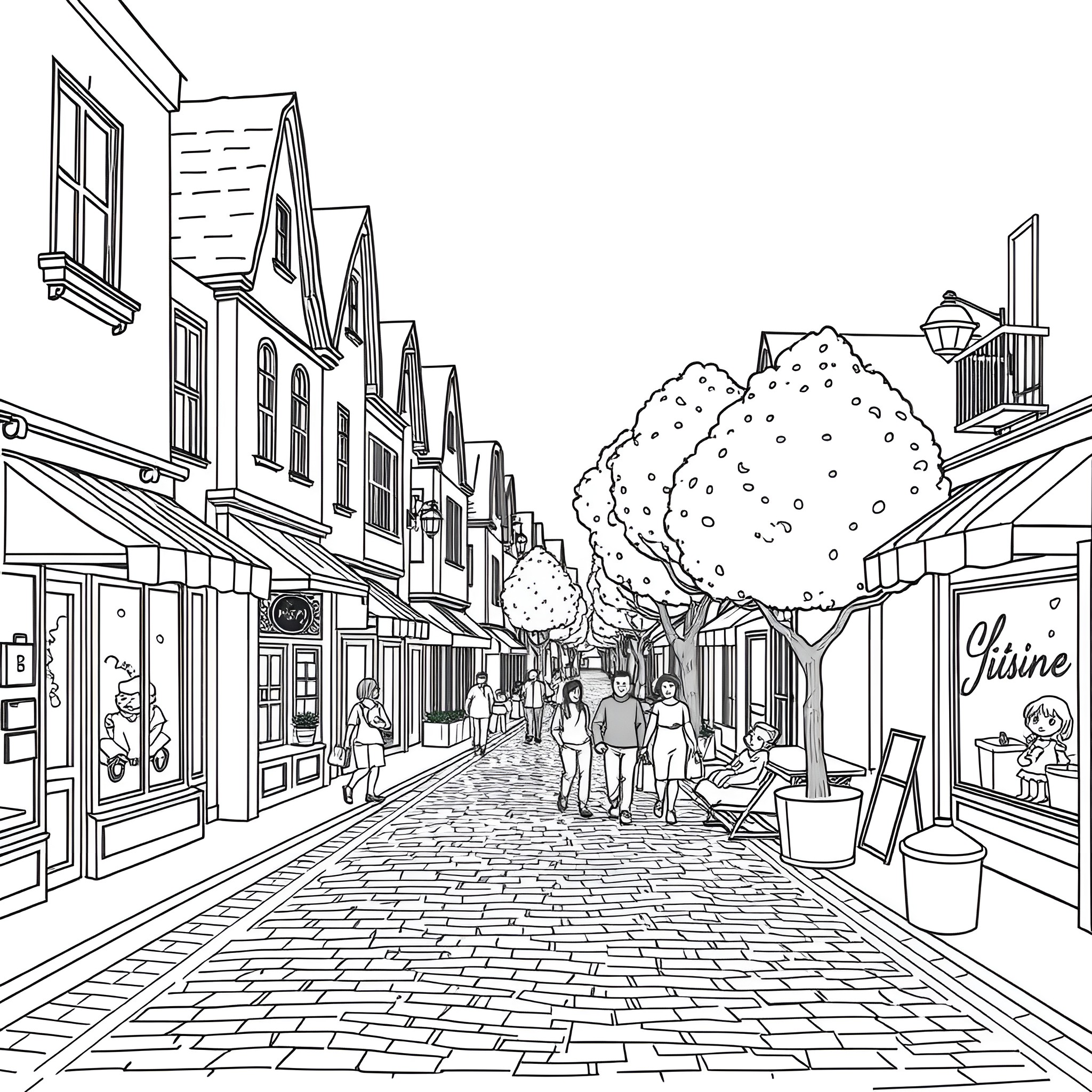 Town with shops, people walking on cobblestone street Coloring Page (free black-and-white line drawing printable PDF for all, from beginners to advanced learners, including children, teens, adults, and seniors)