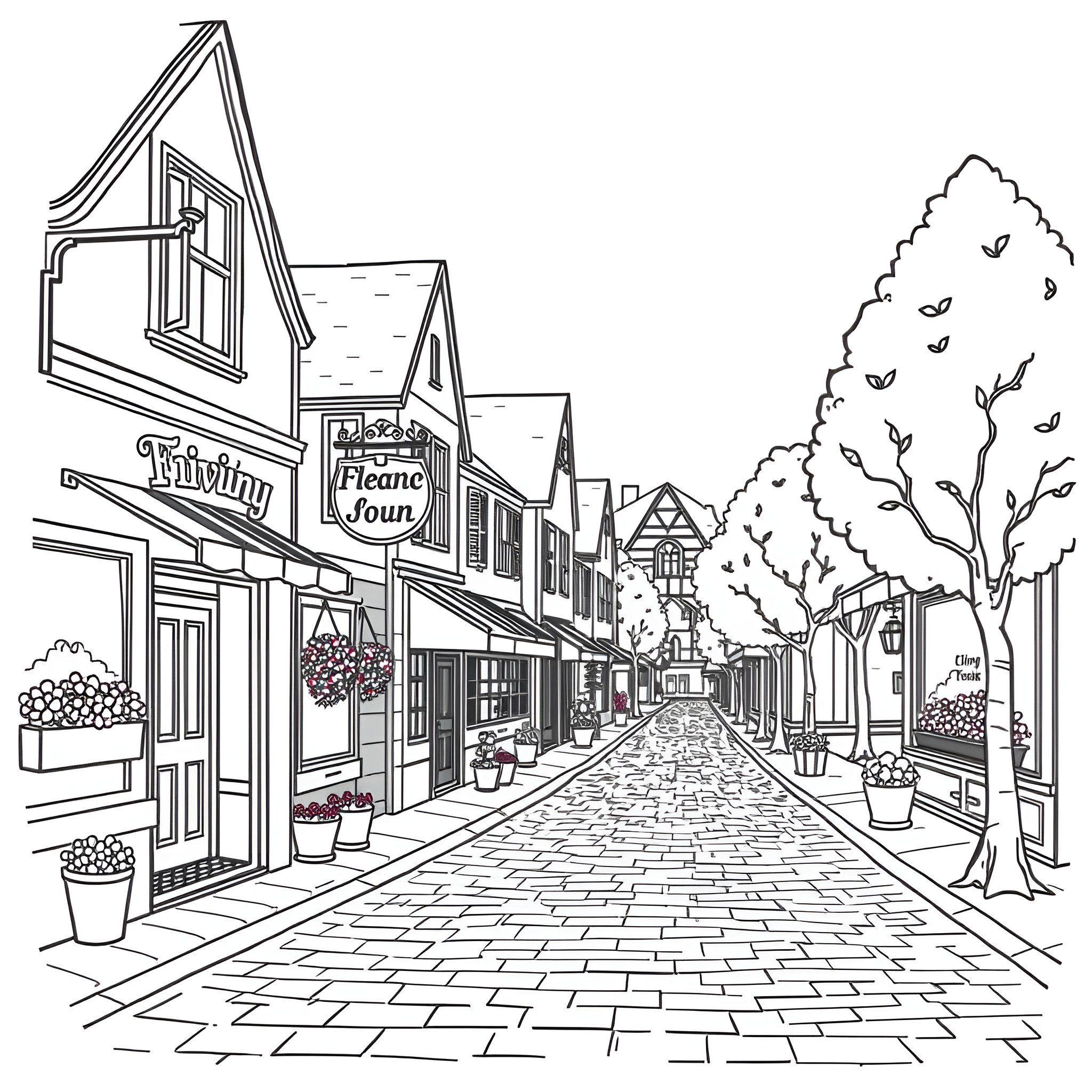 Town with Quaint Shops and Cobblestone Streets Coloring Page (free black-and-white line drawing printable PDF for all, from beginners to advanced learners, including children, teens, adults, and seniors)