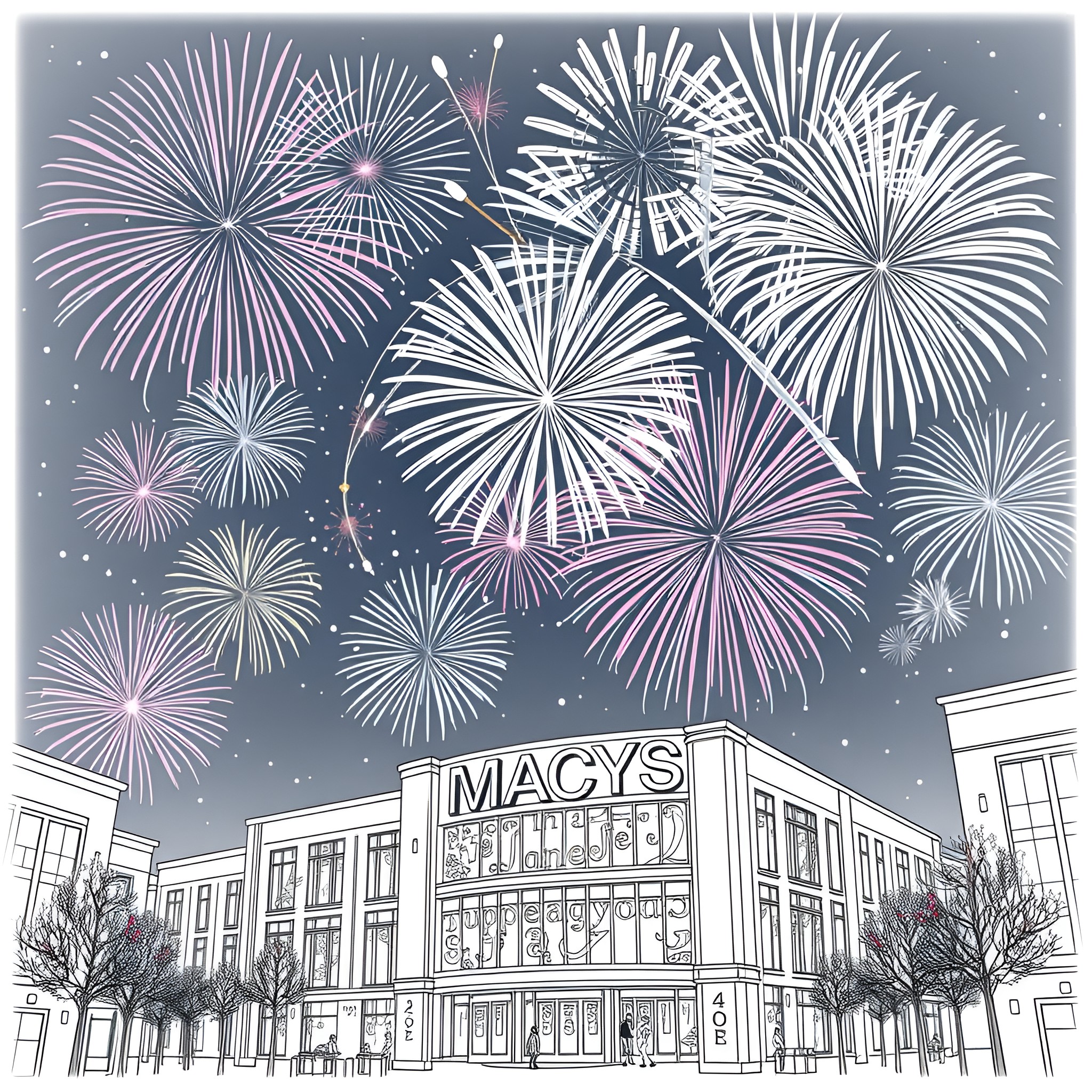 Fireworks display over a city skyline Coloring Page (free black-and-white line drawing printable PDF for all, from beginners to advanced learners, including children, teens, adults, and seniors)