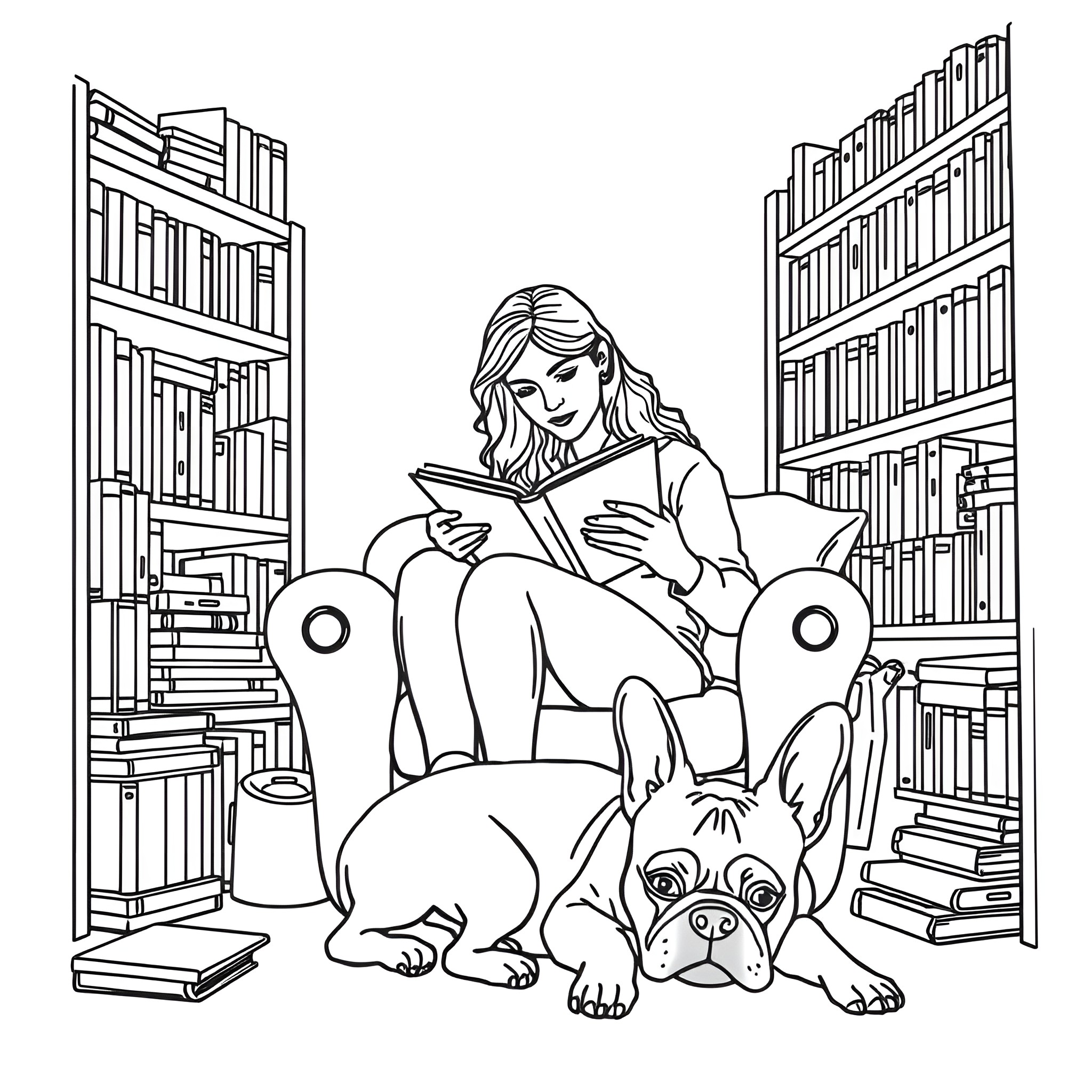 Woman reading a book with her dog in the library Coloring Page (free black-and-white line drawing printable PDF for all, from beginners to advanced learners, including children, teens, adults, and seniors)