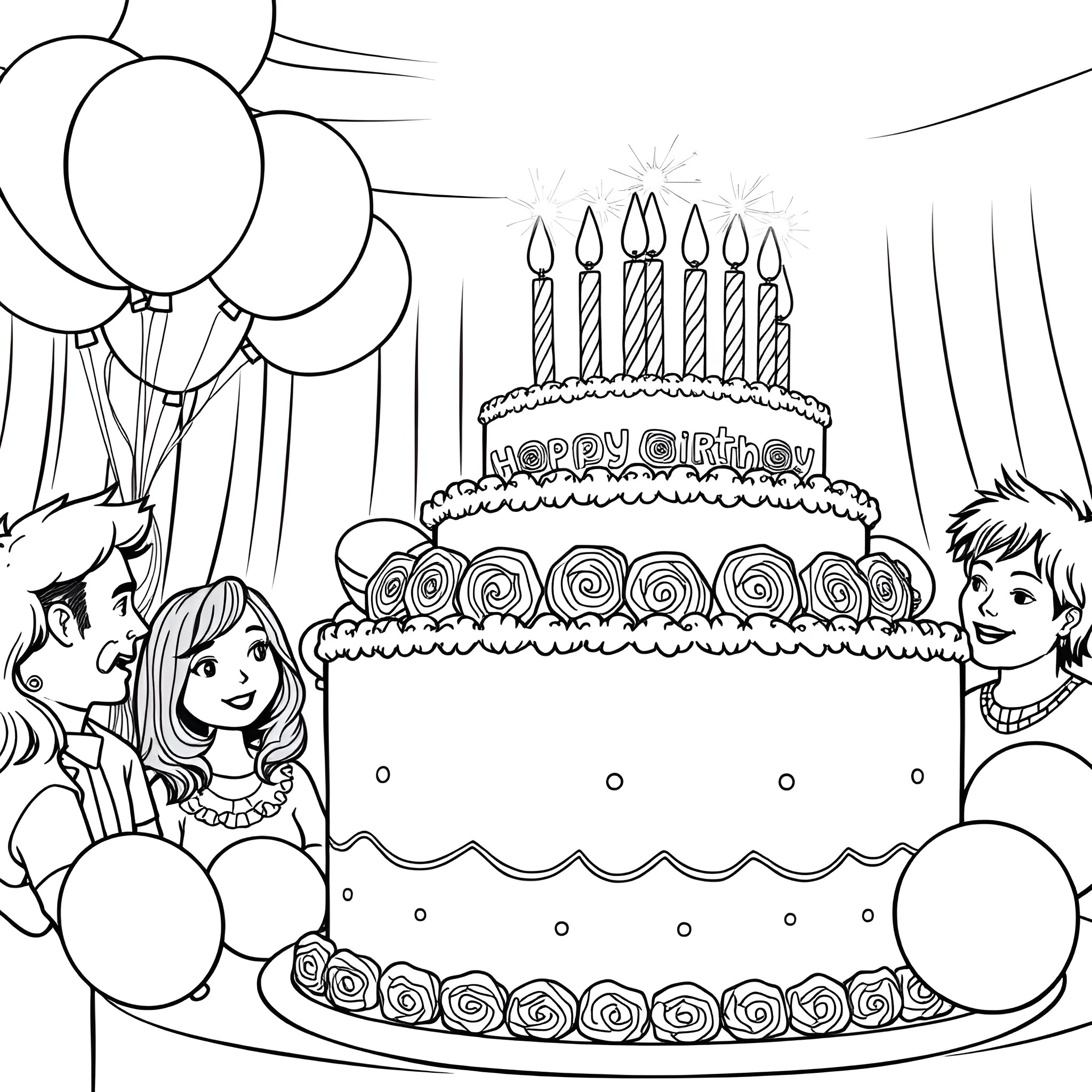 Birthday Cake with Balloons and Celebrating People Coloring Page (free black-and-white line drawing printable PDF for all, from beginners to advanced learners, including children, teens, adults, and seniors)
