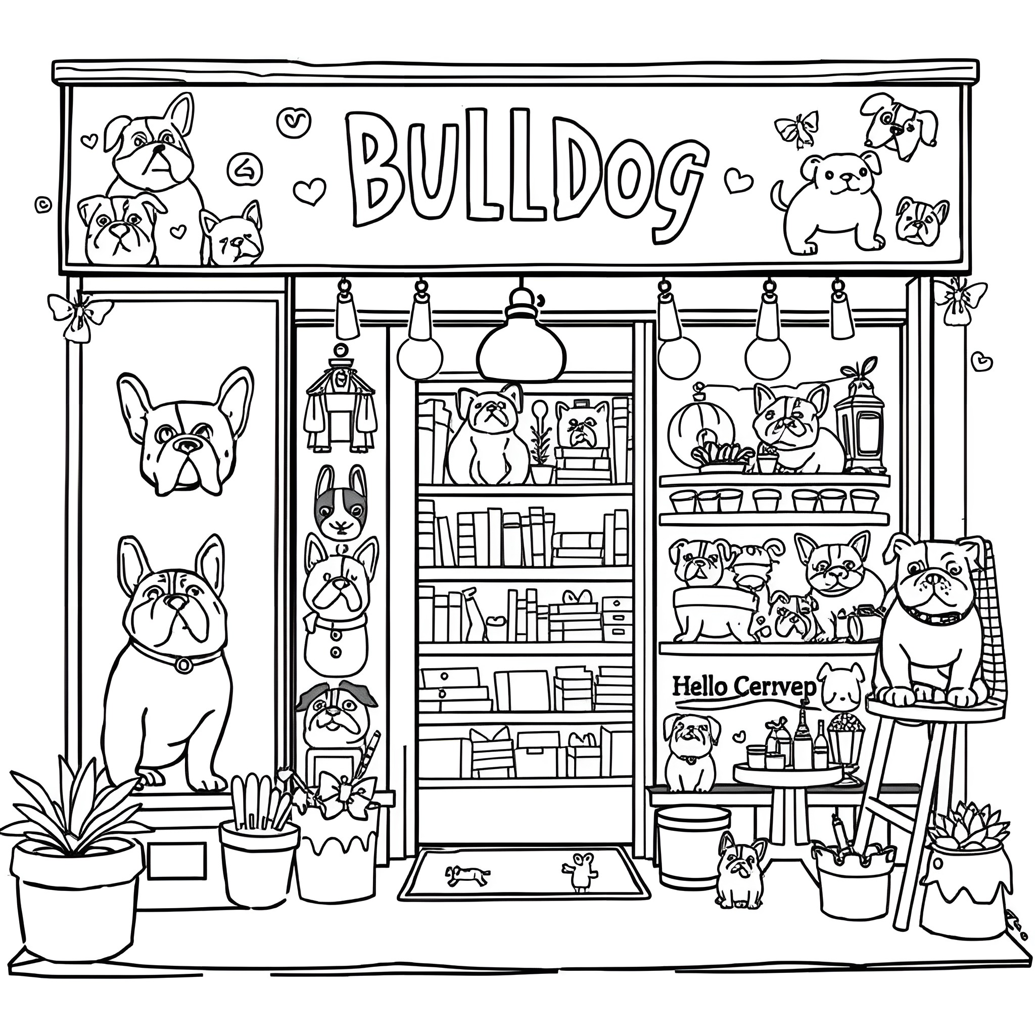 Bulldog pet shop with adorable dogs and accessories Coloring Page (free black-and-white line drawing printable PDF for all, from beginners to advanced learners, including children, teens, adults, and seniors)