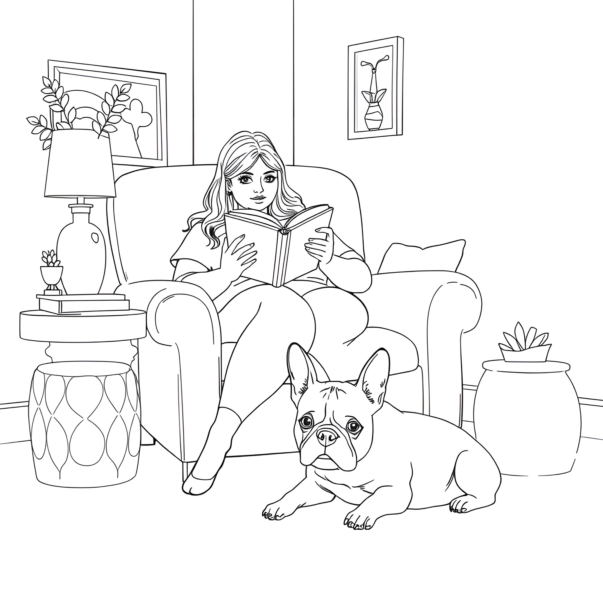 Woman reading book with dog in cozy living room Coloring Page (free black-and-white line drawing printable PDF for all, from beginners to advanced learners, including children, teens, adults, and seniors)