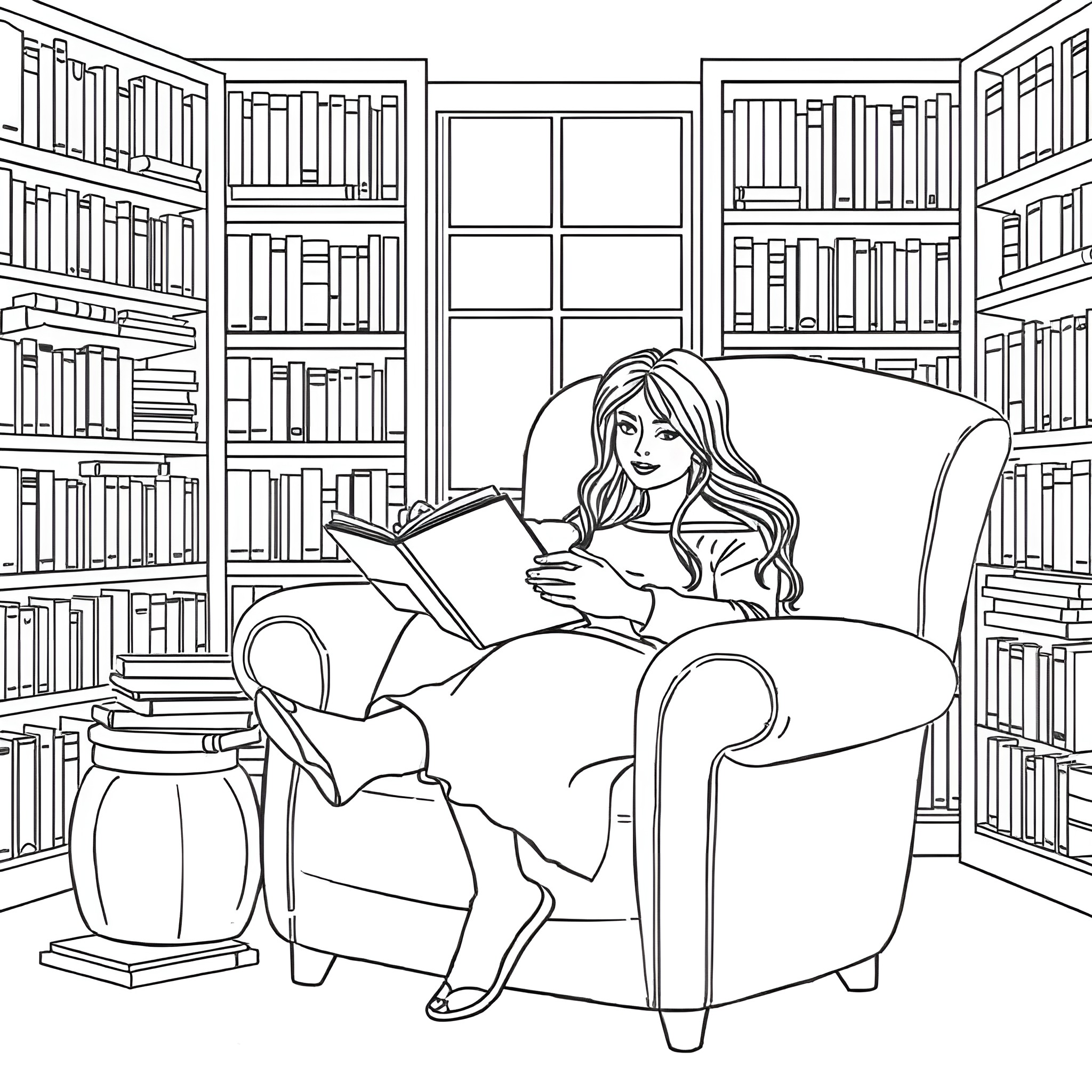 Woman reading book in cozy library Coloring Page (free black-and-white line drawing printable PDF for all, from beginners to advanced learners, including children, teens, adults, and seniors)