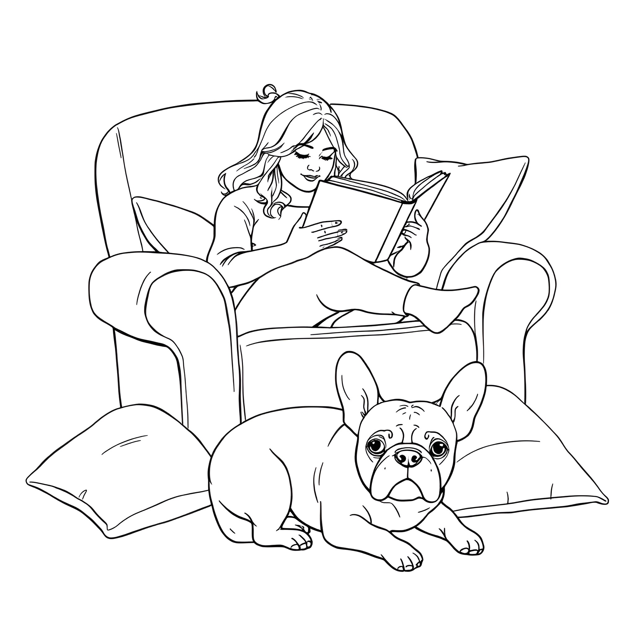 Woman reading book while her dog relaxes beside her Coloring Page (free black-and-white line drawing printable PDF for all, from beginners to advanced learners, including children, teens, adults, and seniors)