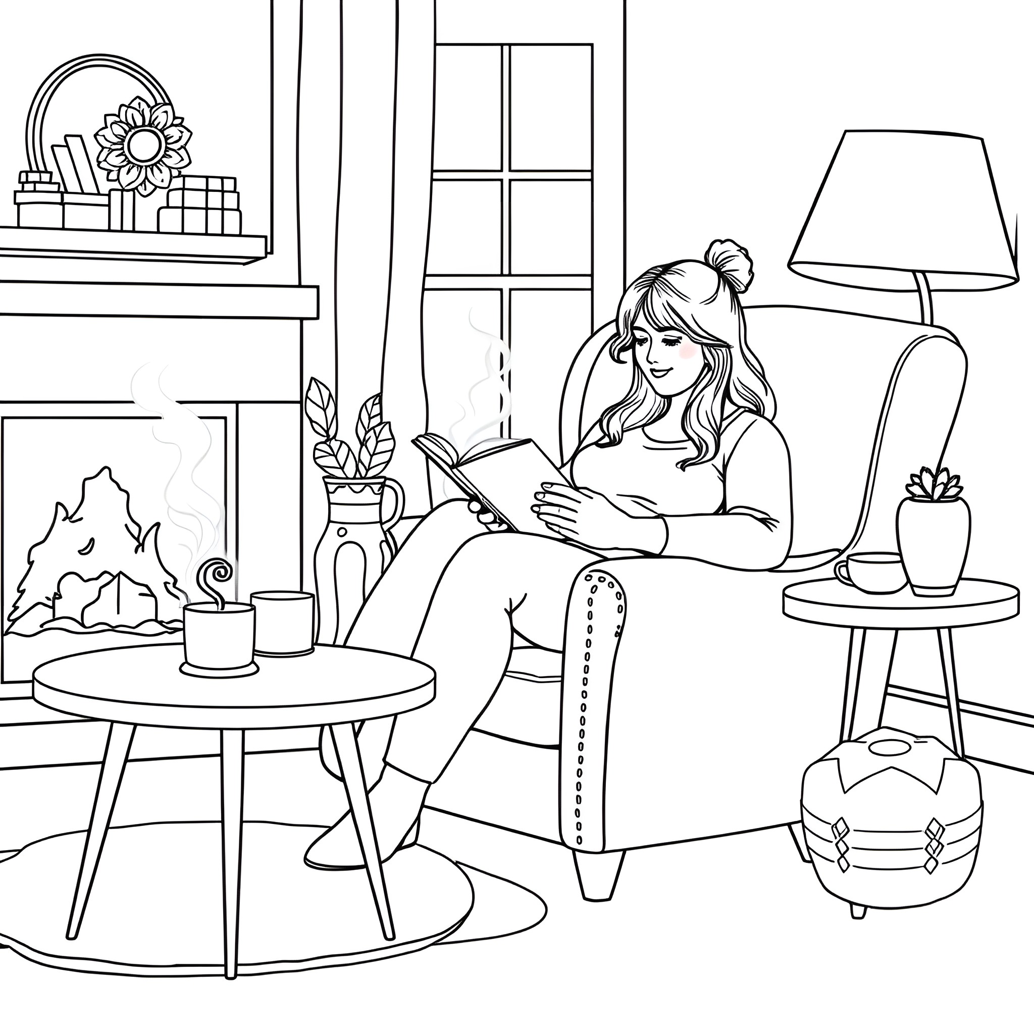 Woman reading a book in a cozy living room Coloring Page (free black-and-white line drawing printable PDF for all, from beginners to advanced learners, including children, teens, adults, and seniors)