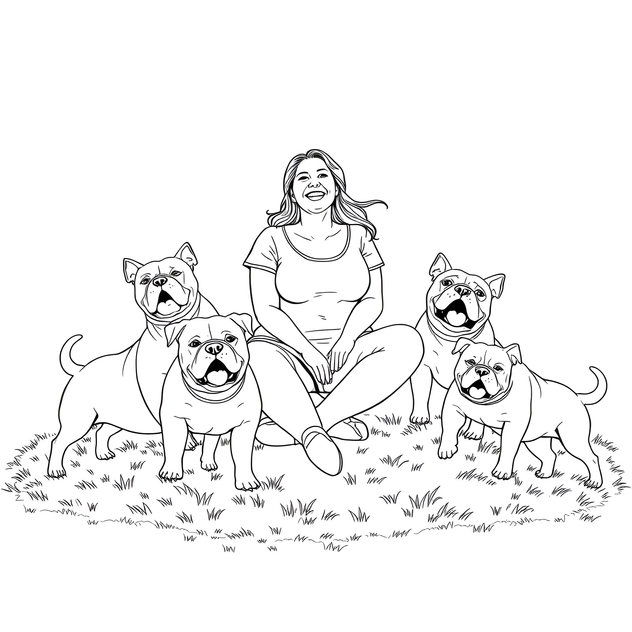 Woman surrounded by happy dogs in the field Coloring Page (free black-and-white line drawing printable PDF for all, from beginners to advanced learners, including children, teens, adults, and seniors)