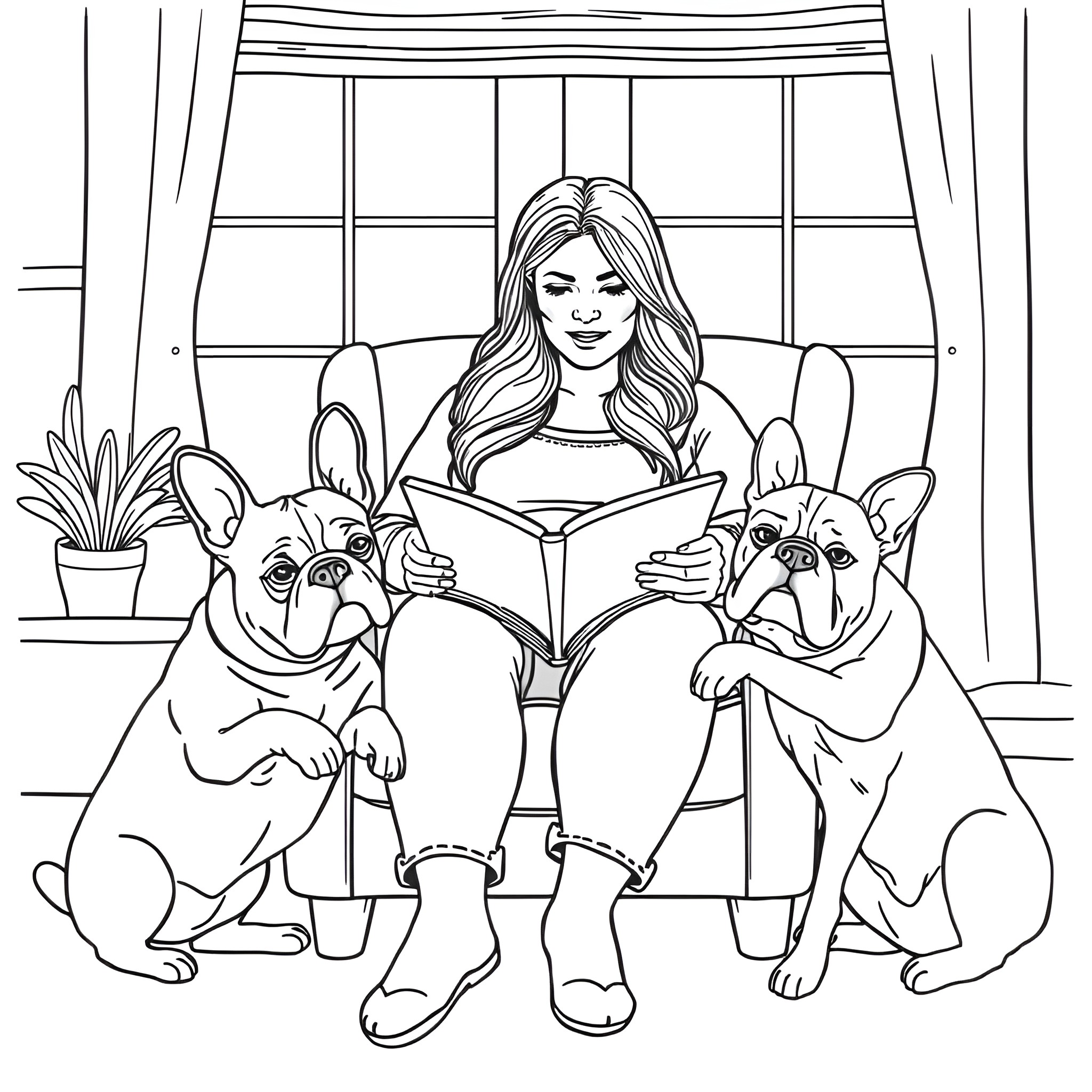 Woman reading with her pet dogs Coloring Page (free black-and-white line drawing printable PDF for all, from beginners to advanced learners, including children, teens, adults, and seniors)