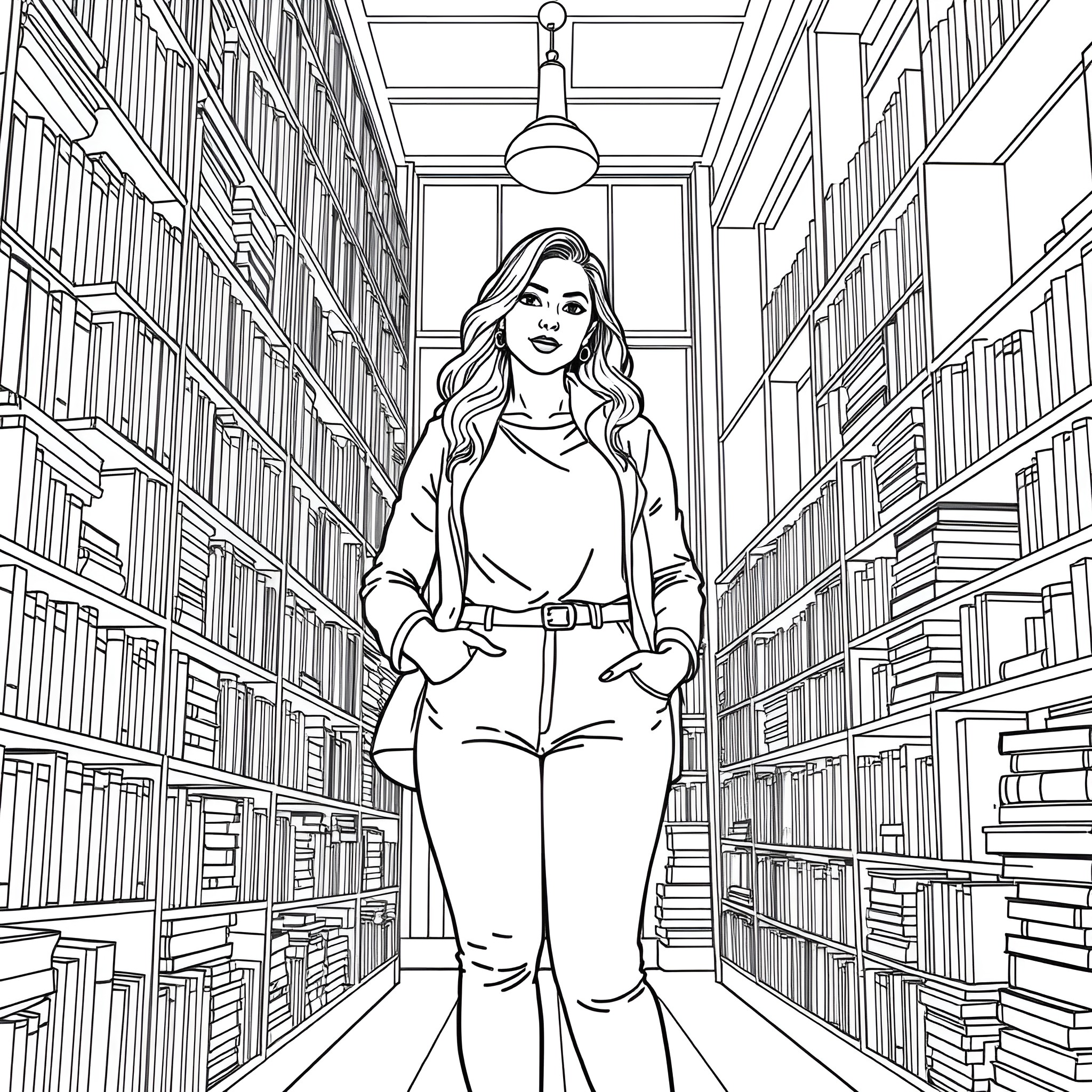 Woman exploring a library filled with bookshelves Coloring Page (free black-and-white line drawing printable PDF for all, from beginners to advanced learners, including children, teens, adults, and seniors)
