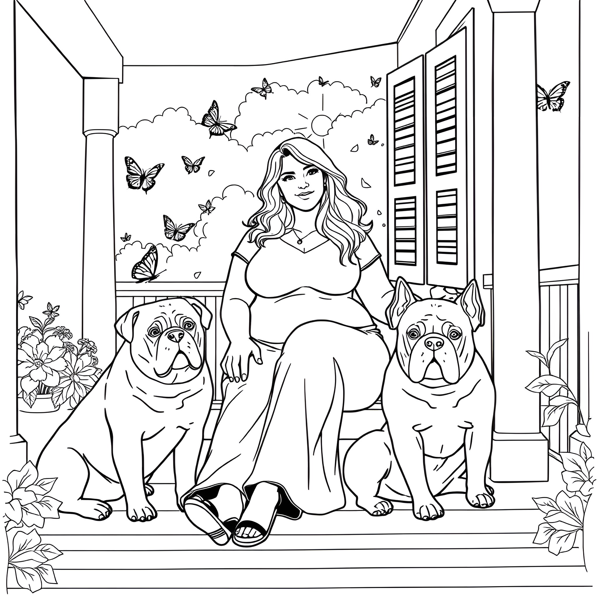 Woman rests with her dogs on the porch Coloring Page (free black-and-white line drawing printable PDF for all, from beginners to advanced learners, including children, teens, adults, and seniors)