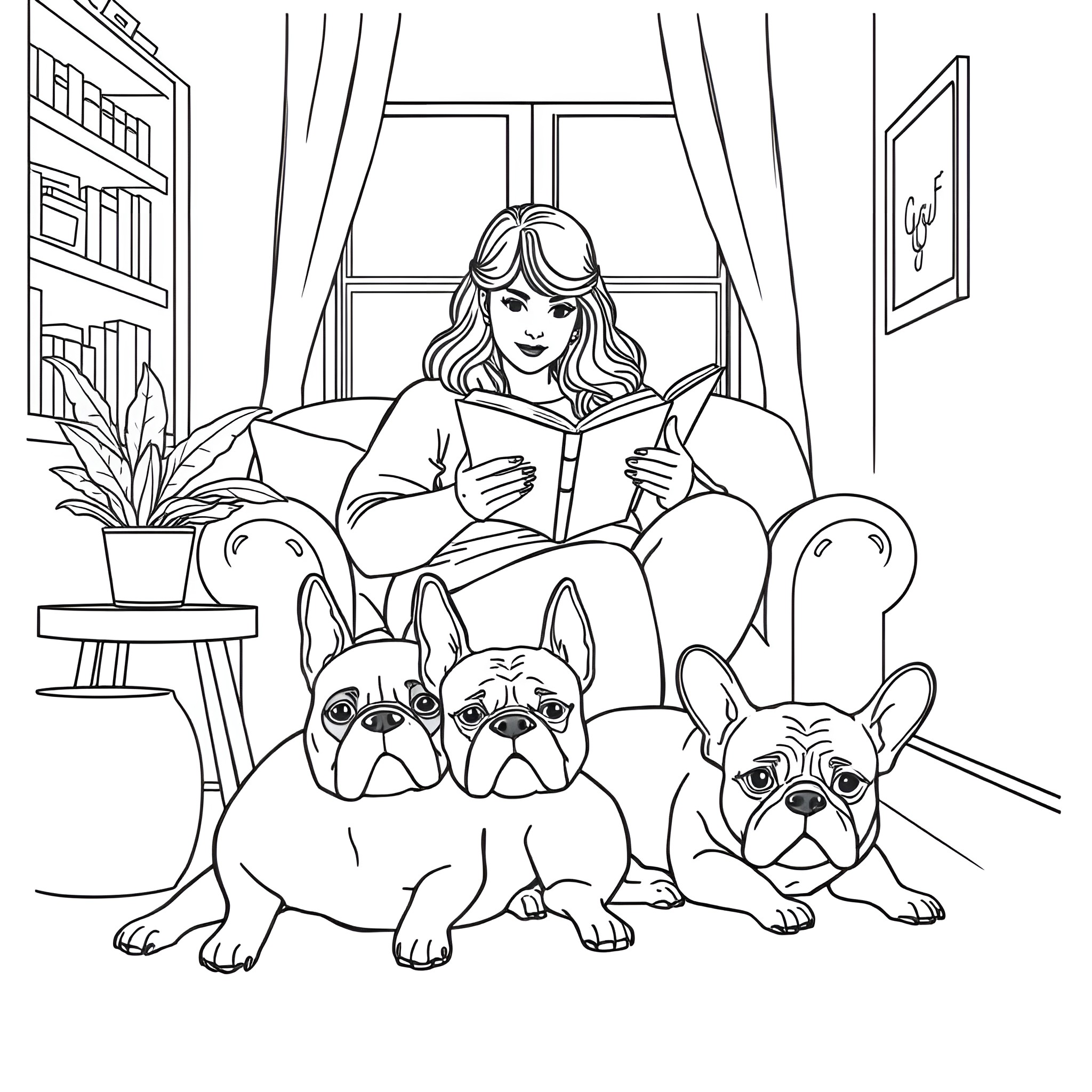 Woman reading book with her pet dogs in cozy room Coloring Page (free black-and-white line drawing printable PDF for all, from beginners to advanced learners, including children, teens, adults, and seniors)