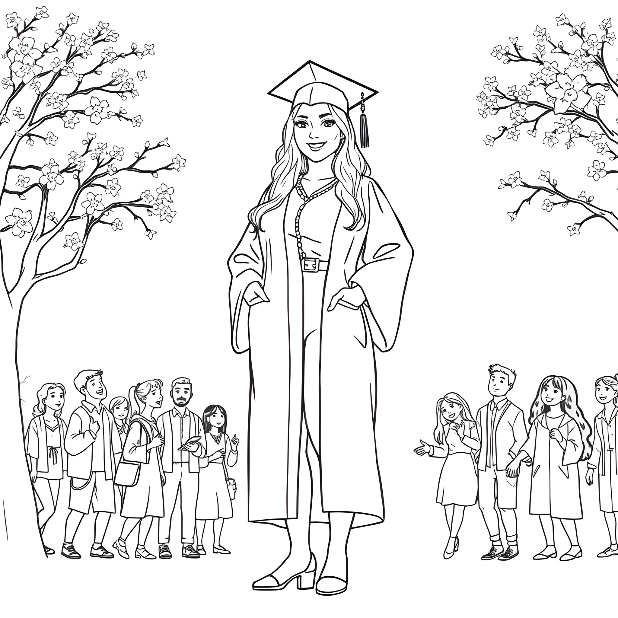Woman graduating in front of her classmates Coloring Page (free black-and-white line drawing printable PDF for all, from beginners to advanced learners, including children, teens, adults, and seniors)