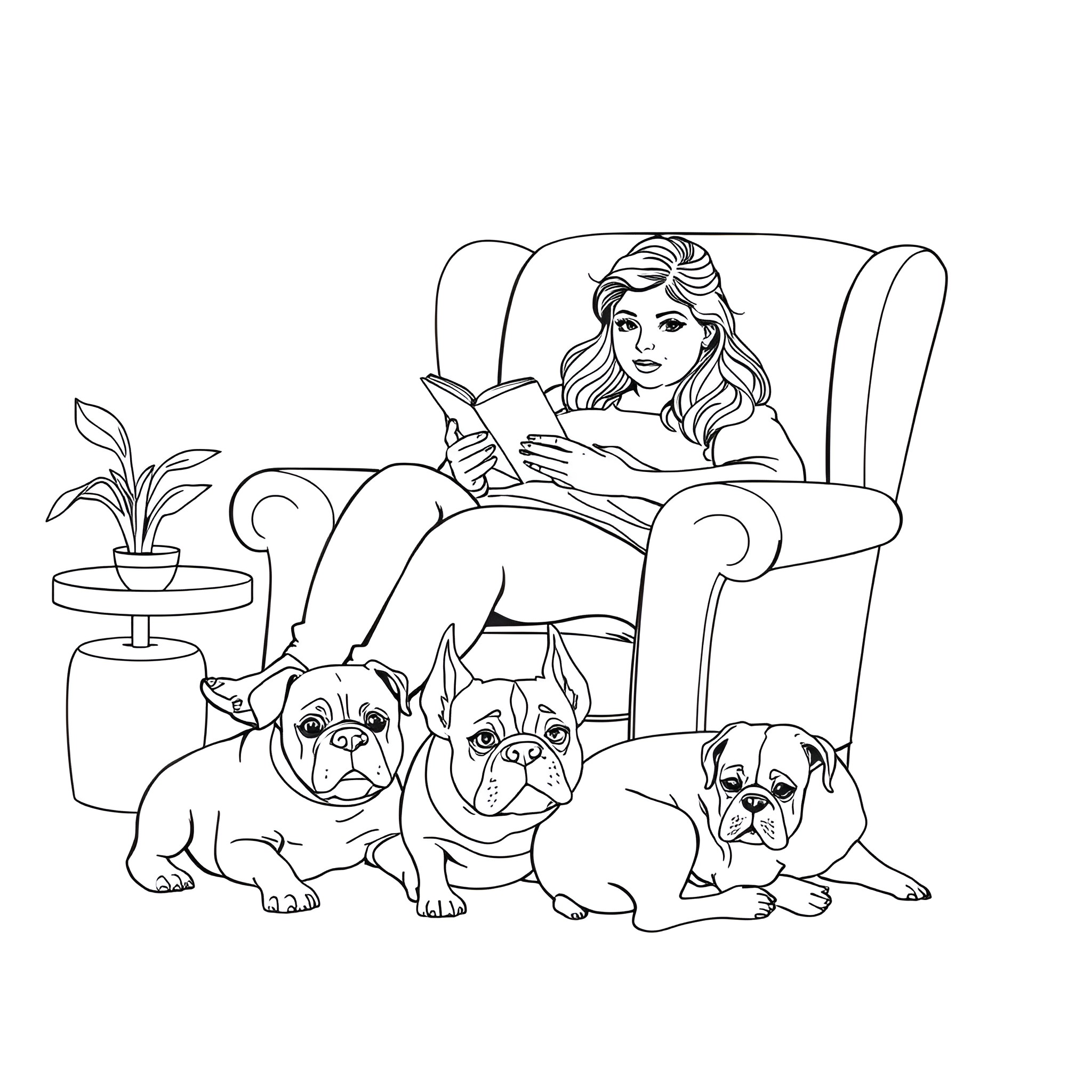 Woman reading book while surrounded by playful puppies Coloring Page (free black-and-white line drawing printable PDF for all, from beginners to advanced learners, including children, teens, adults, and seniors)