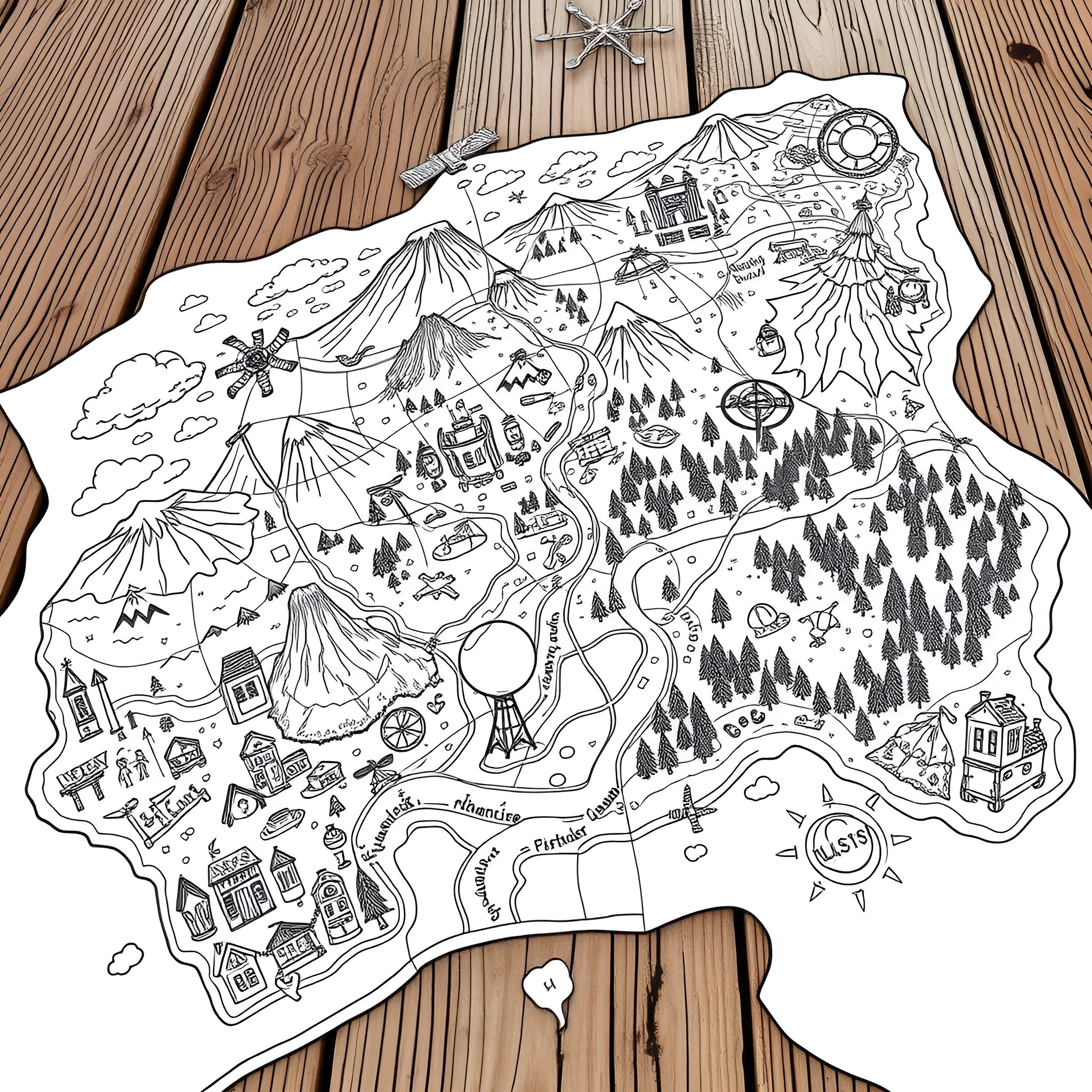 Map of fantasy adventure landscape Coloring Page (free black-and-white line drawing printable PDF for all, from beginners to advanced learners, including children, teens, adults, and seniors)