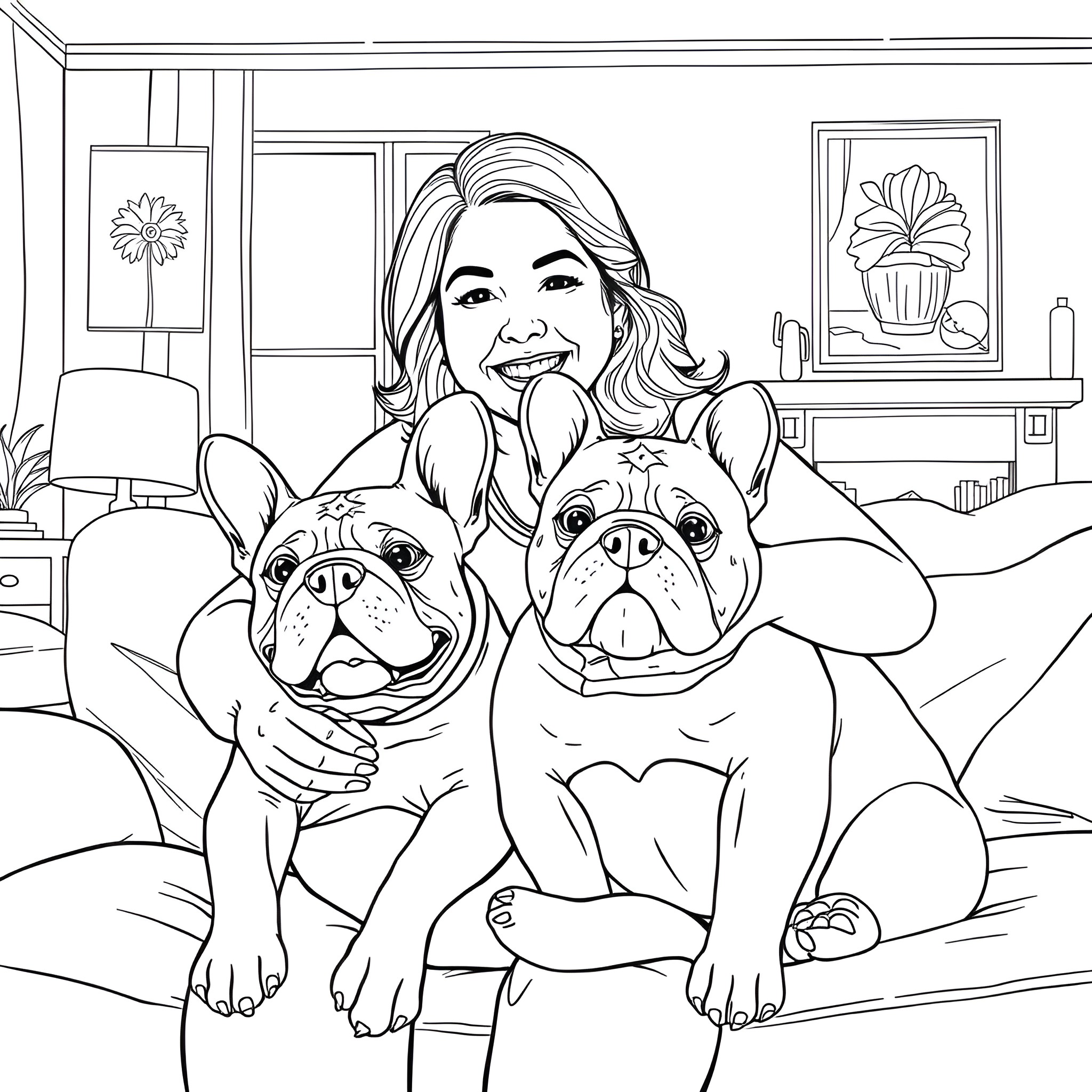 Woman posing happily with her pet dogs Coloring Page (free black-and-white line drawing printable PDF for all, from beginners to advanced learners, including children, teens, adults, and seniors)