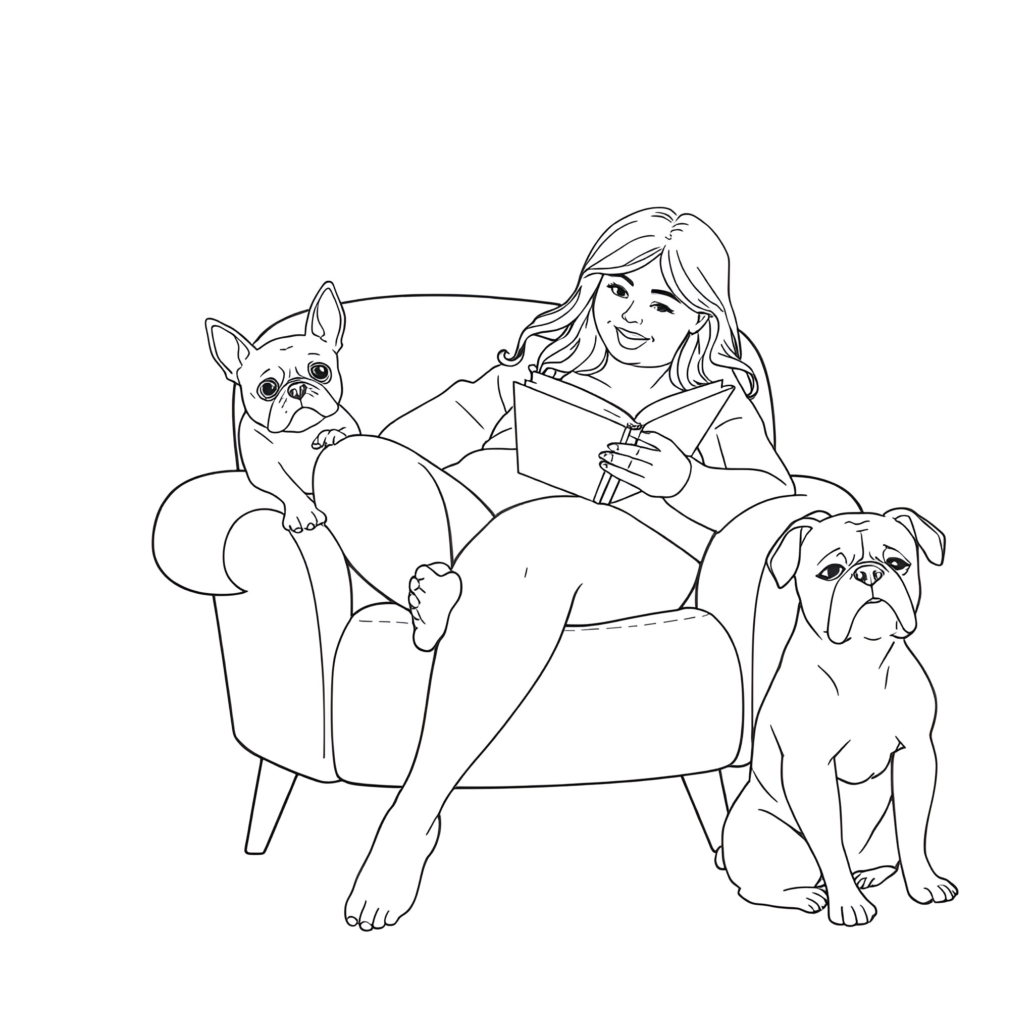 Woman reading book with pet dogs on sofa Coloring Page (free black-and-white line drawing printable PDF for all, from beginners to advanced learners, including children, teens, adults, and seniors)