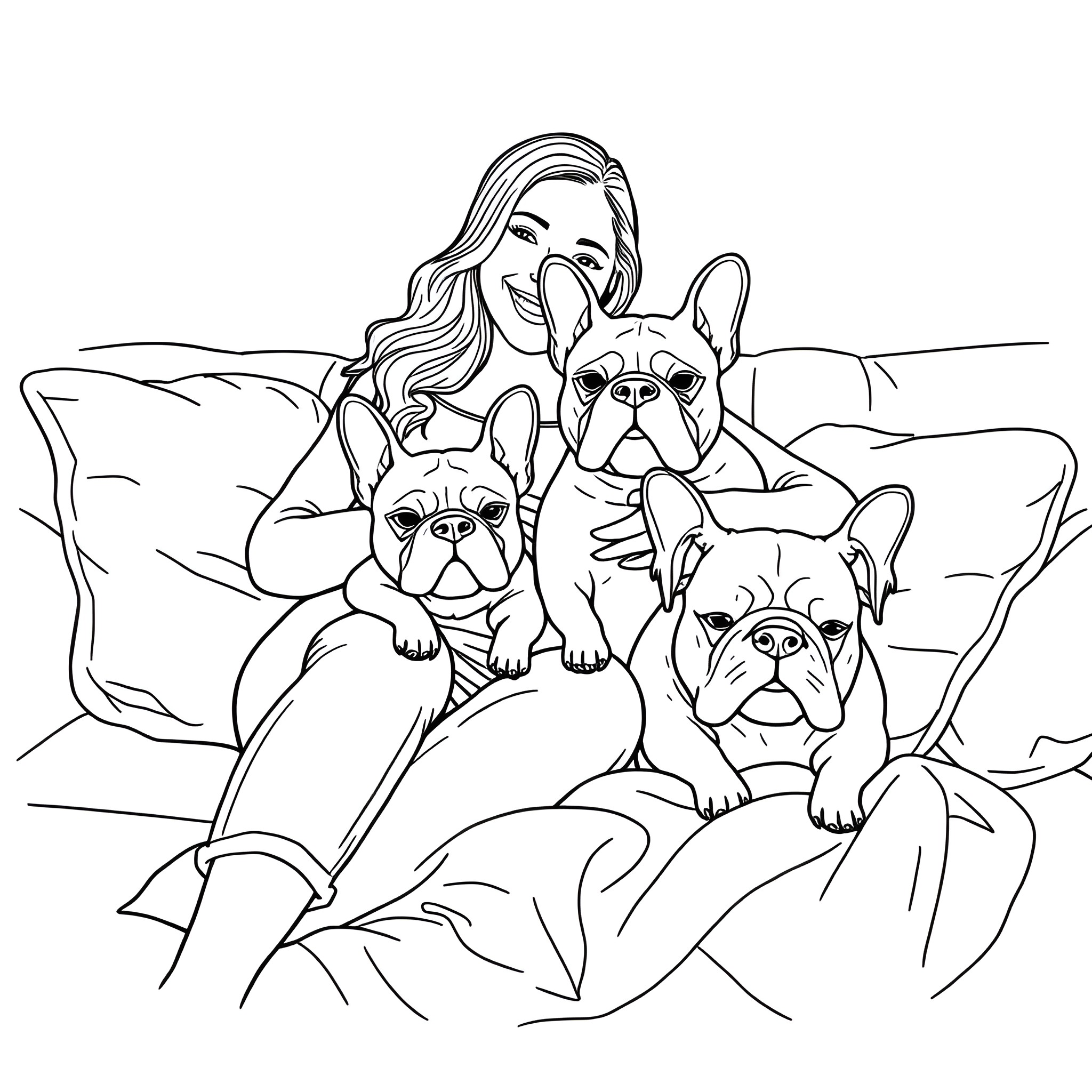 Woman relaxing with her French Bulldog pets Coloring Page (free black-and-white line drawing printable PDF for all, from beginners to advanced learners, including children, teens, adults, and seniors)