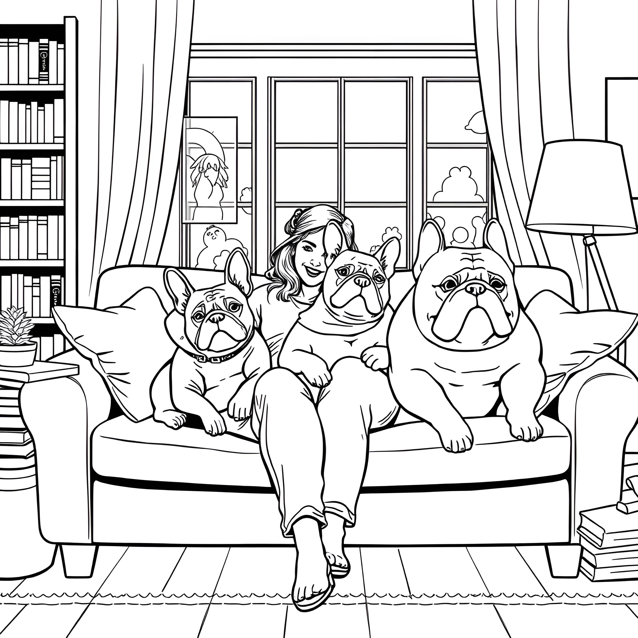 Woman relaxing with her pet dogs on the couch Coloring Page (free black-and-white line drawing printable PDF for all, from beginners to advanced learners, including children, teens, adults, and seniors)