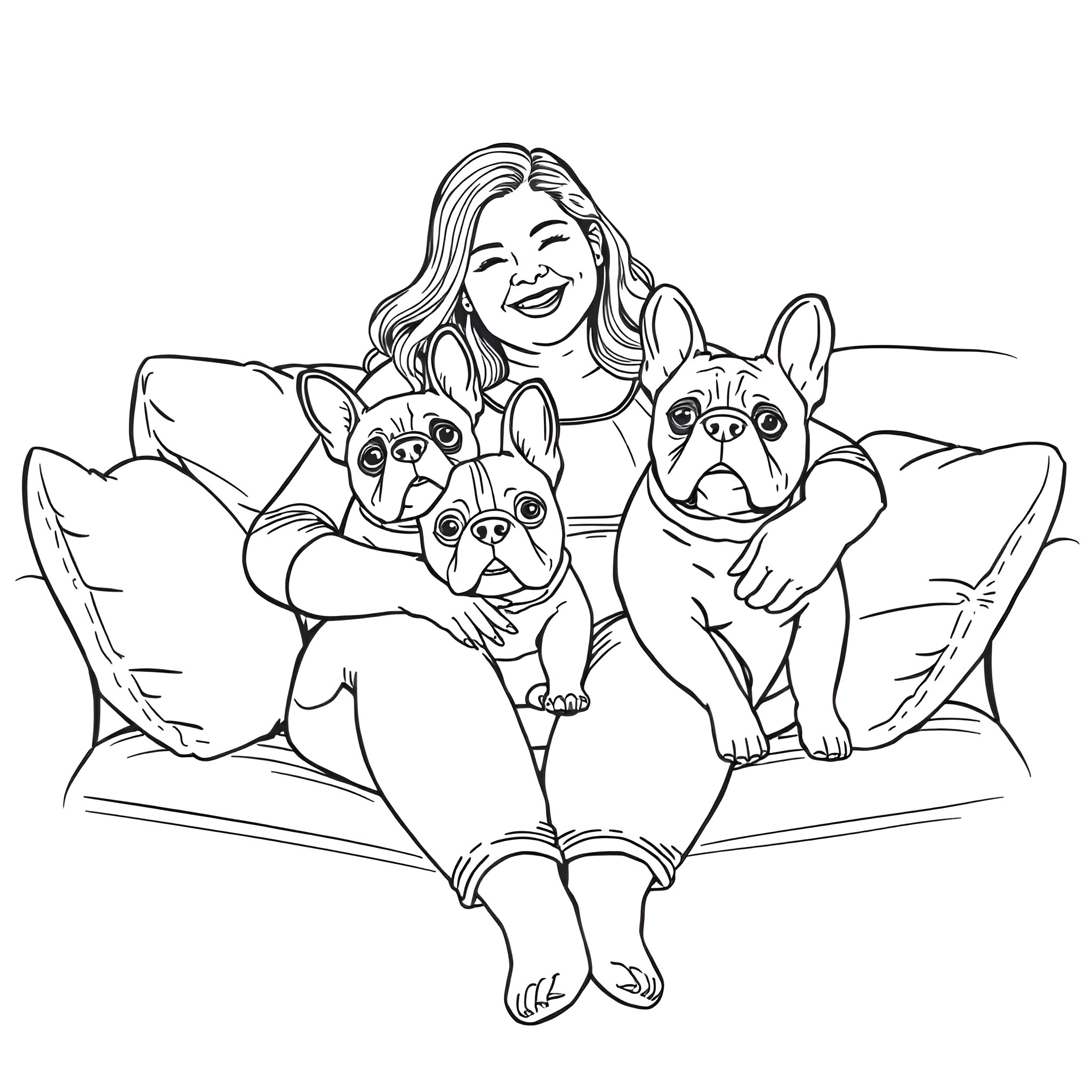 Woman relaxing with her beloved pets on the sofa Coloring Page (free black-and-white line drawing printable PDF for all, from beginners to advanced learners, including children, teens, adults, and seniors)