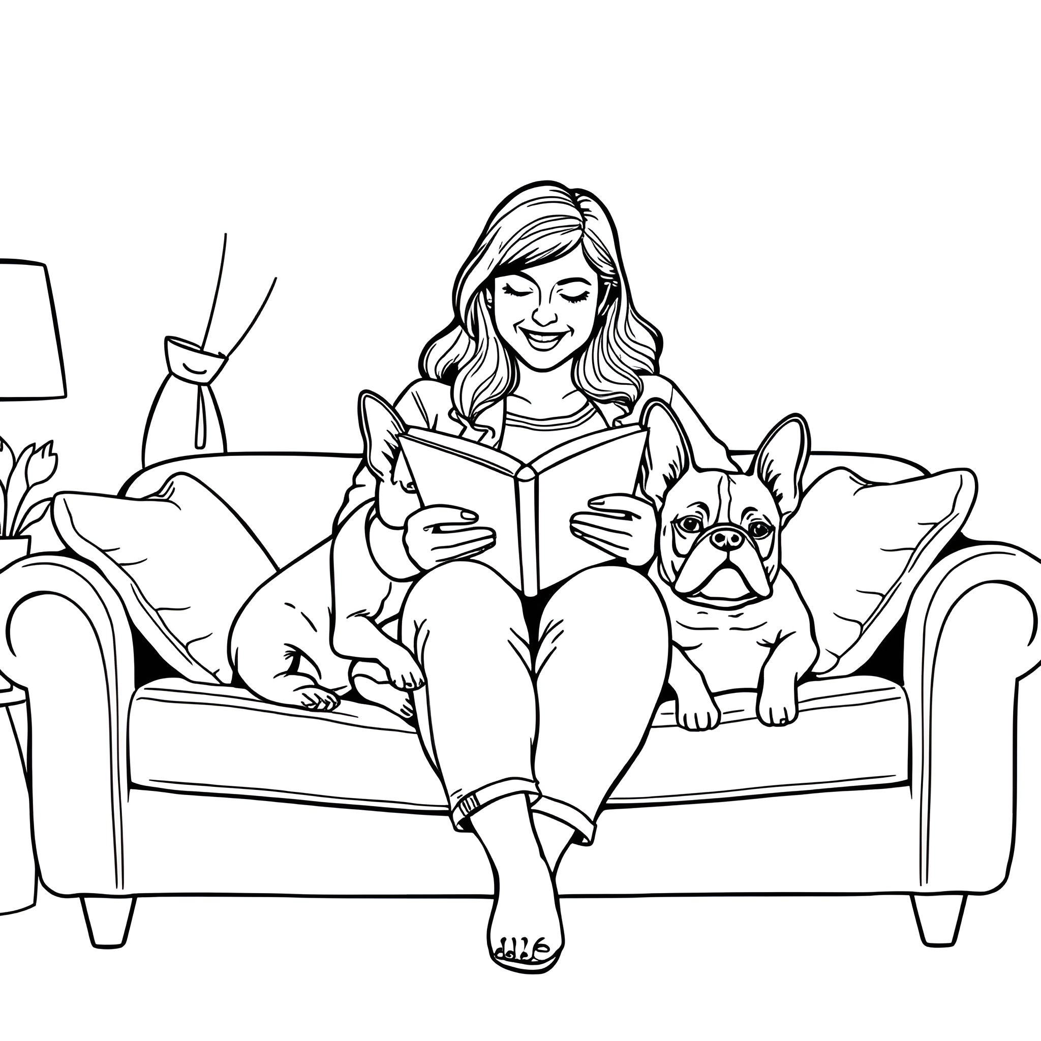 Woman reading book on sofa with dog Coloring Page (free black-and-white line drawing printable PDF for all, from beginners to advanced learners, including children, teens, adults, and seniors)