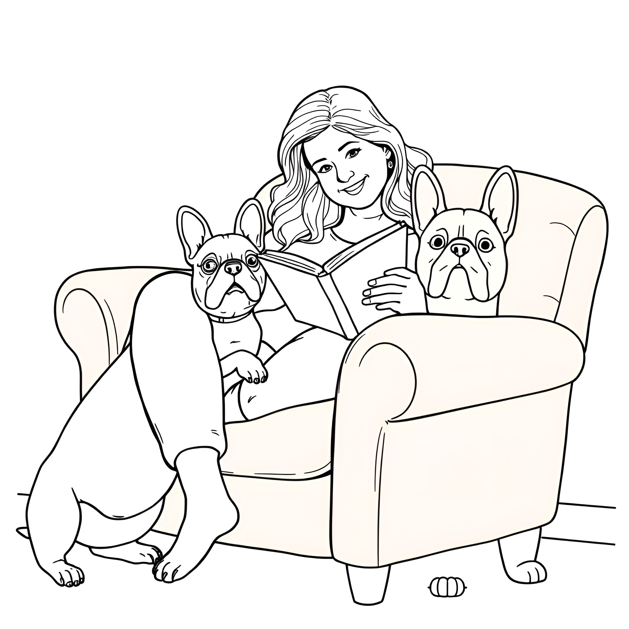 Woman reading book with two dogs on couch Coloring Page (free black-and-white line drawing printable PDF for all, from beginners to advanced learners, including children, teens, adults, and seniors)