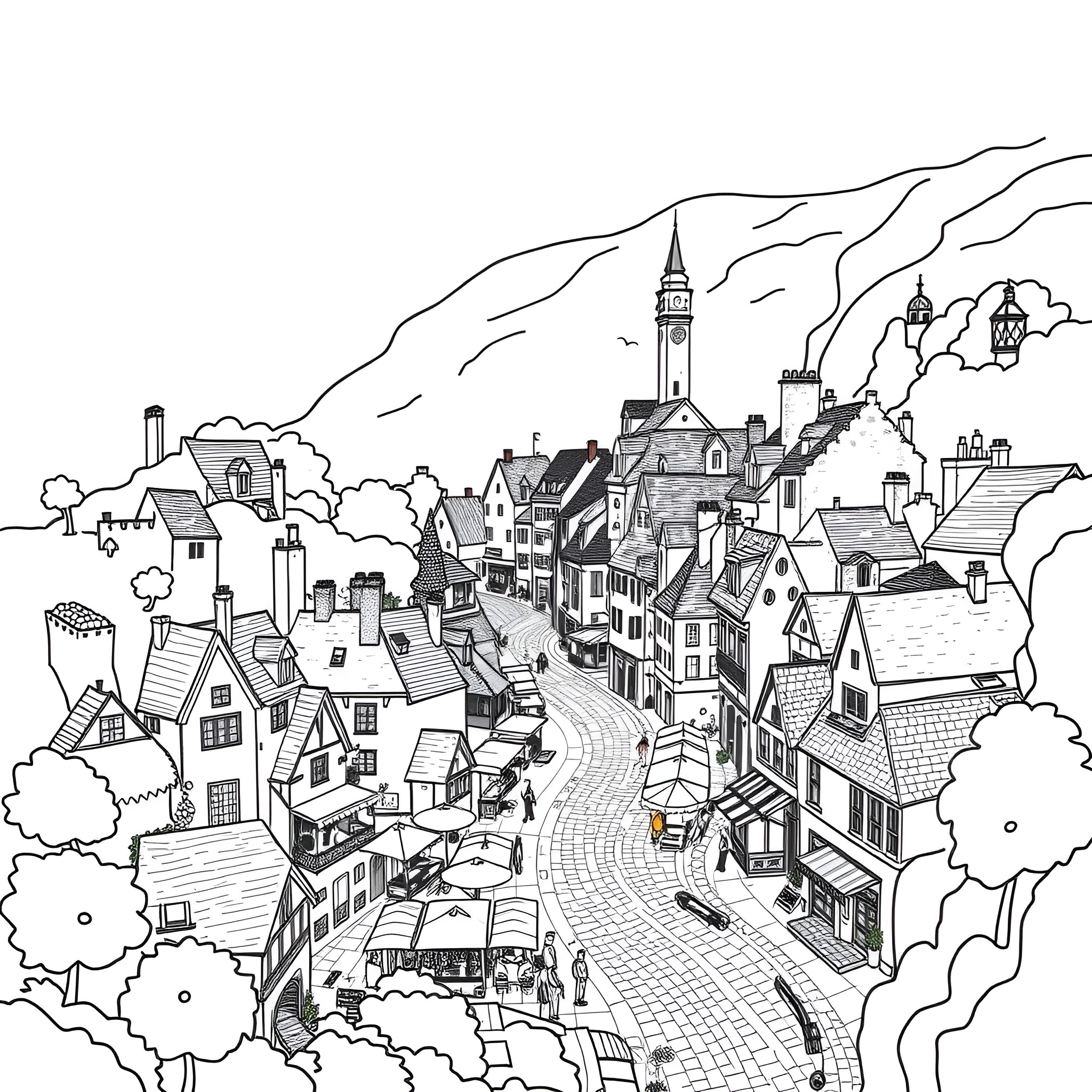 Map of a Quaint European Town Coloring Page (free black-and-white line drawing printable PDF for all, from beginners to advanced learners, including children, teens, adults, and seniors)
