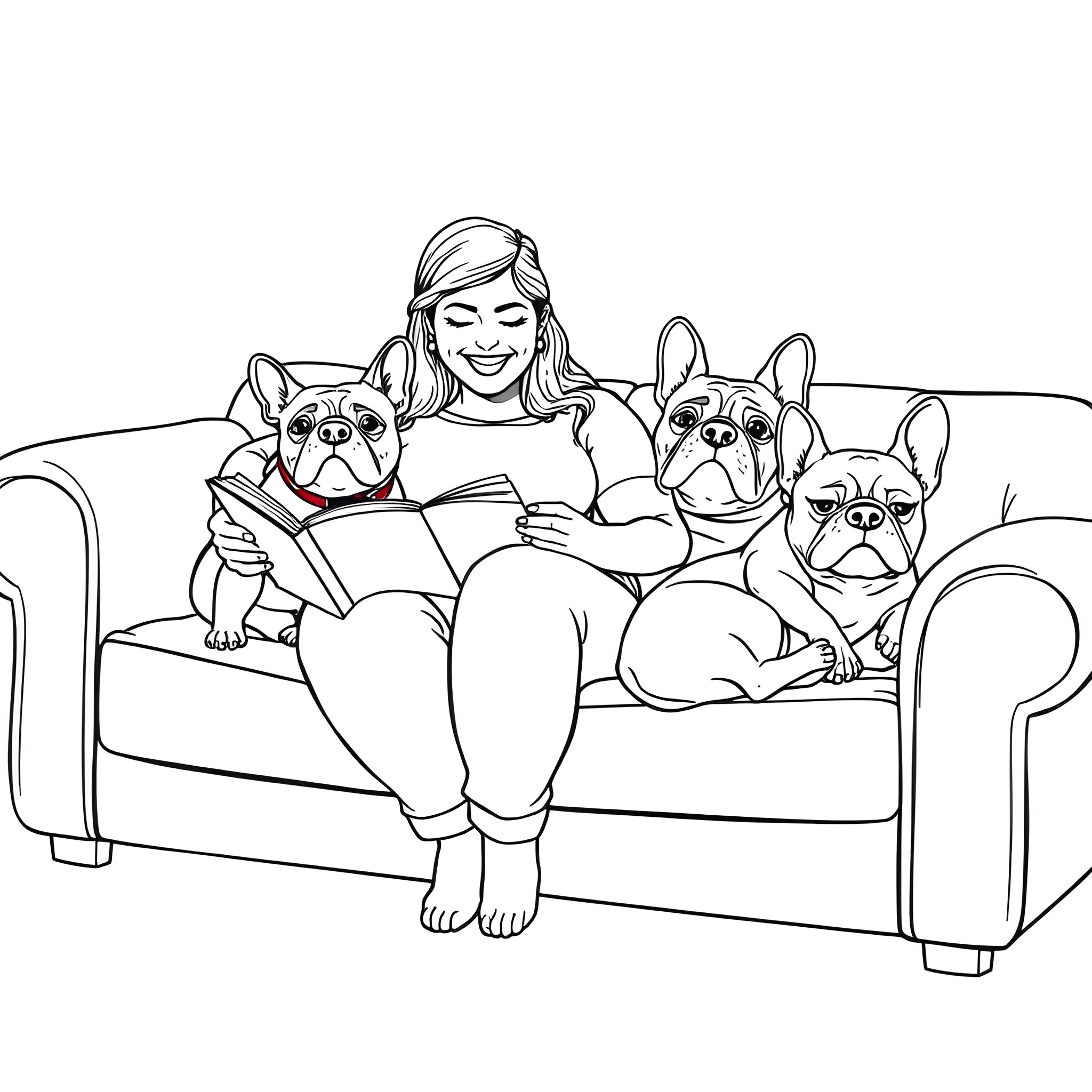 Woman reading book with her French Bulldog companions Coloring Page (free black-and-white line drawing printable PDF for all, from beginners to advanced learners, including children, teens, adults, and seniors)