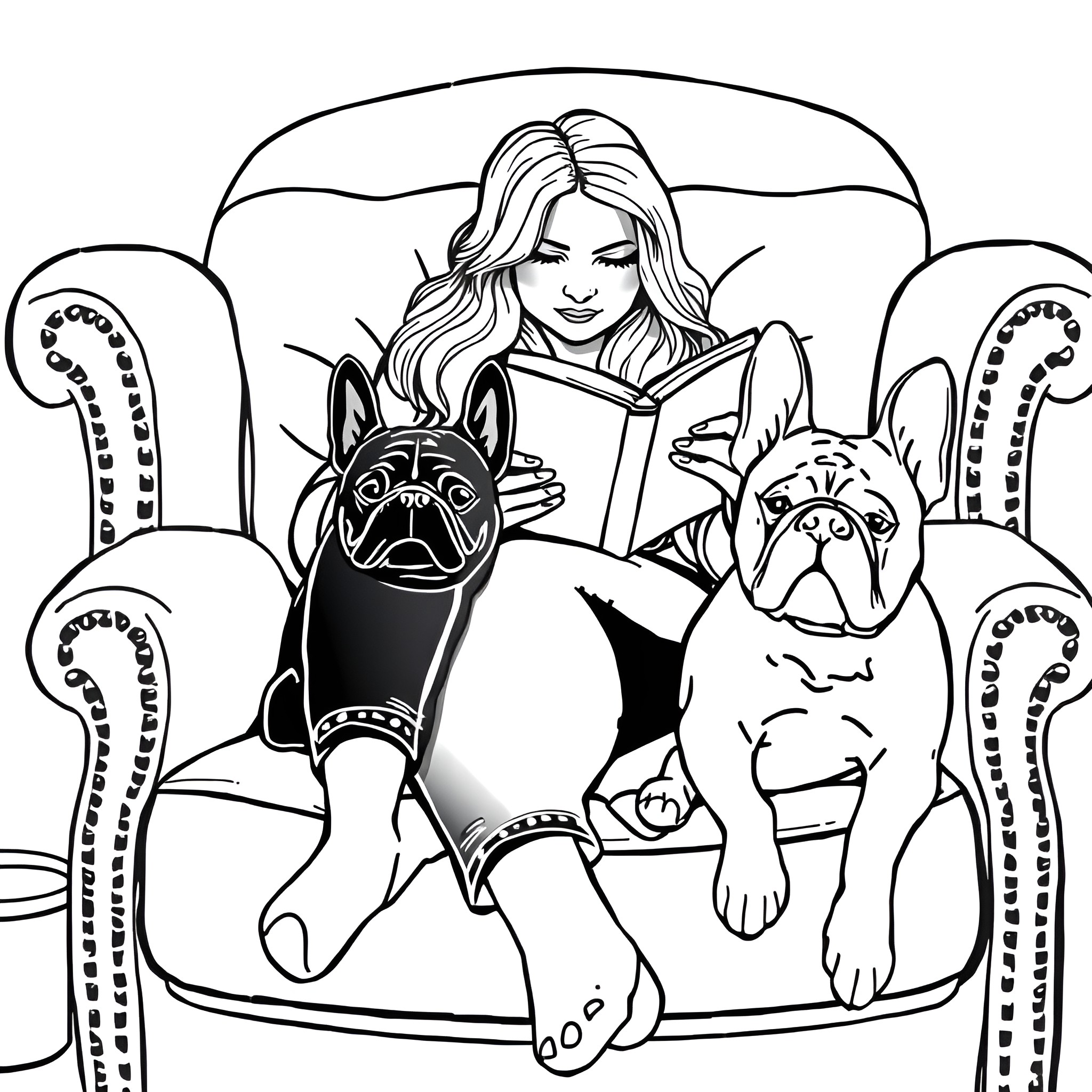 Woman reading with her dogs on the couch Coloring Page (free black-and-white line drawing printable PDF for all, from beginners to advanced learners, including children, teens, adults, and seniors)