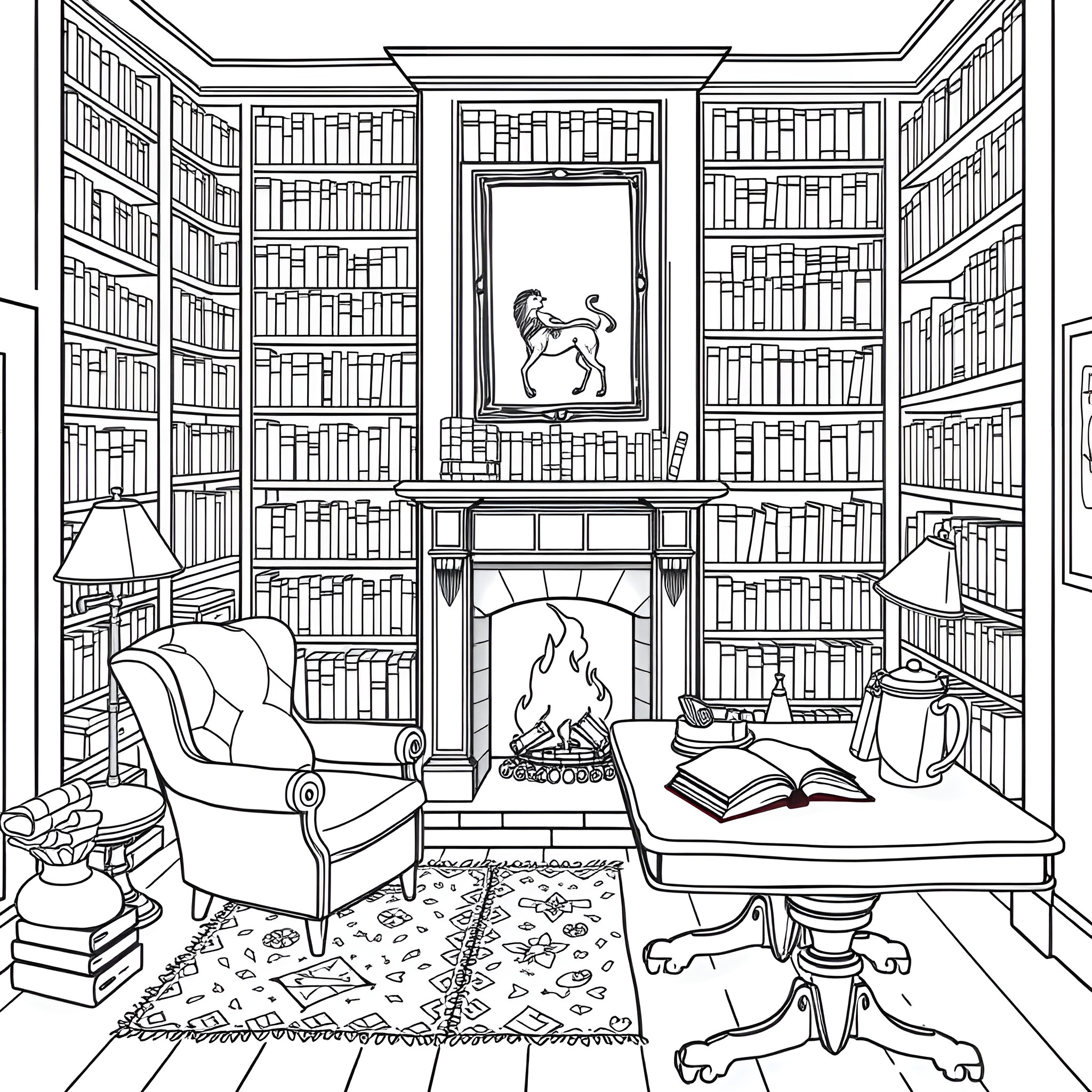 Home Library with Cozy Fireplace and Bookshelves Coloring Page (free black-and-white line drawing printable PDF for all, from beginners to advanced learners, including children, teens, adults, and seniors)