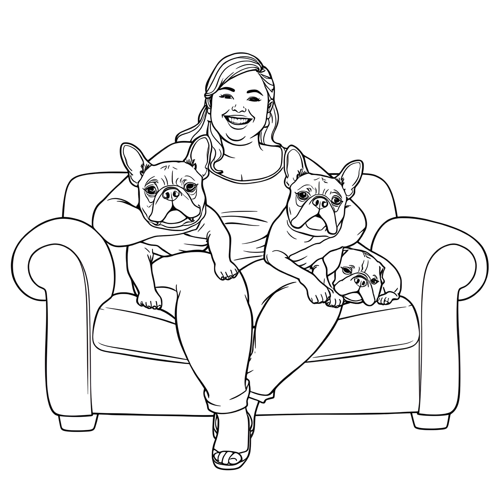 Woman sitting happily with her French Bulldog pets Coloring Page (free black-and-white line drawing printable PDF for all, from beginners to advanced learners, including children, teens, adults, and seniors)