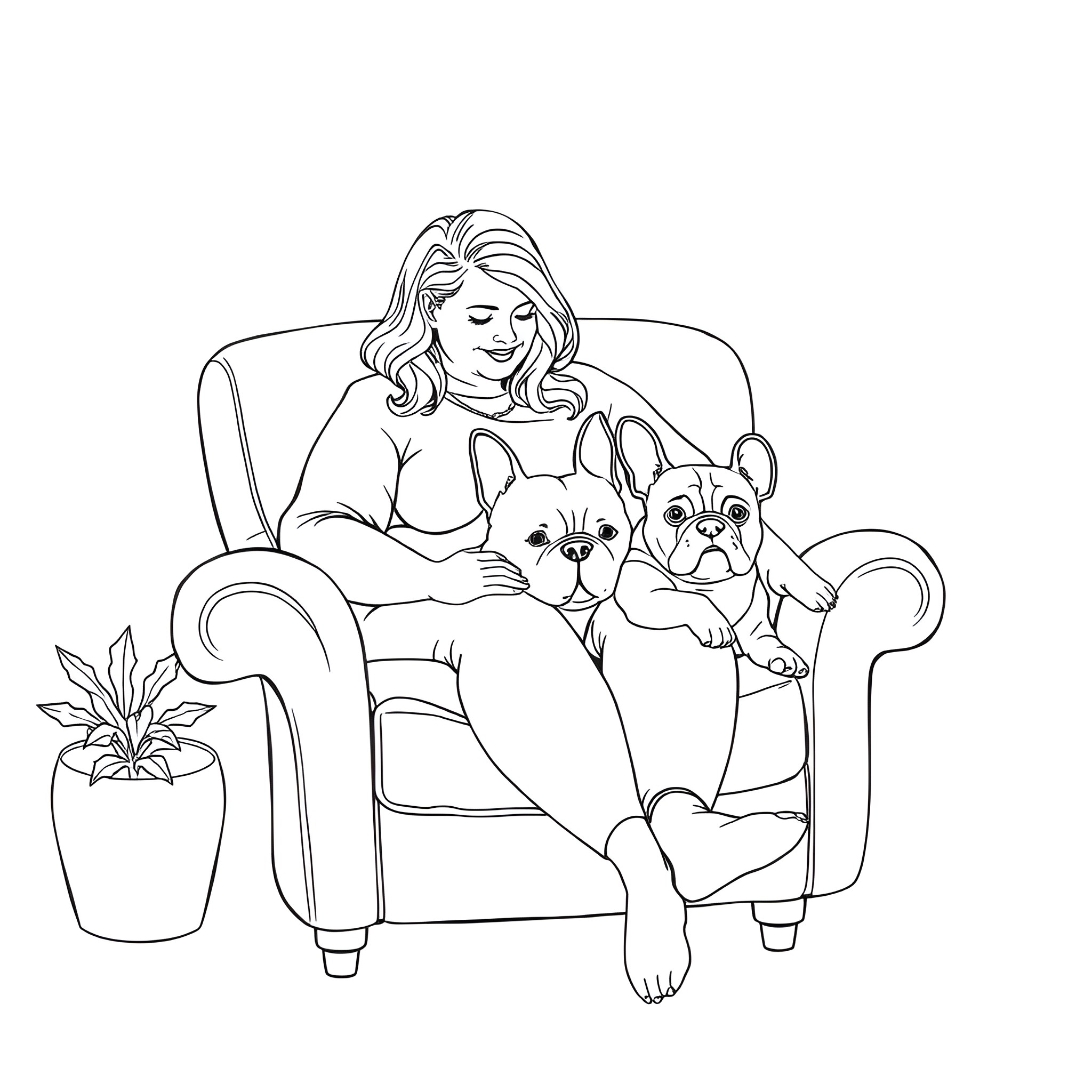 Woman relaxing with her pet dogs on the chair Coloring Page (free black-and-white line drawing printable PDF for all, from beginners to advanced learners, including children, teens, adults, and seniors)