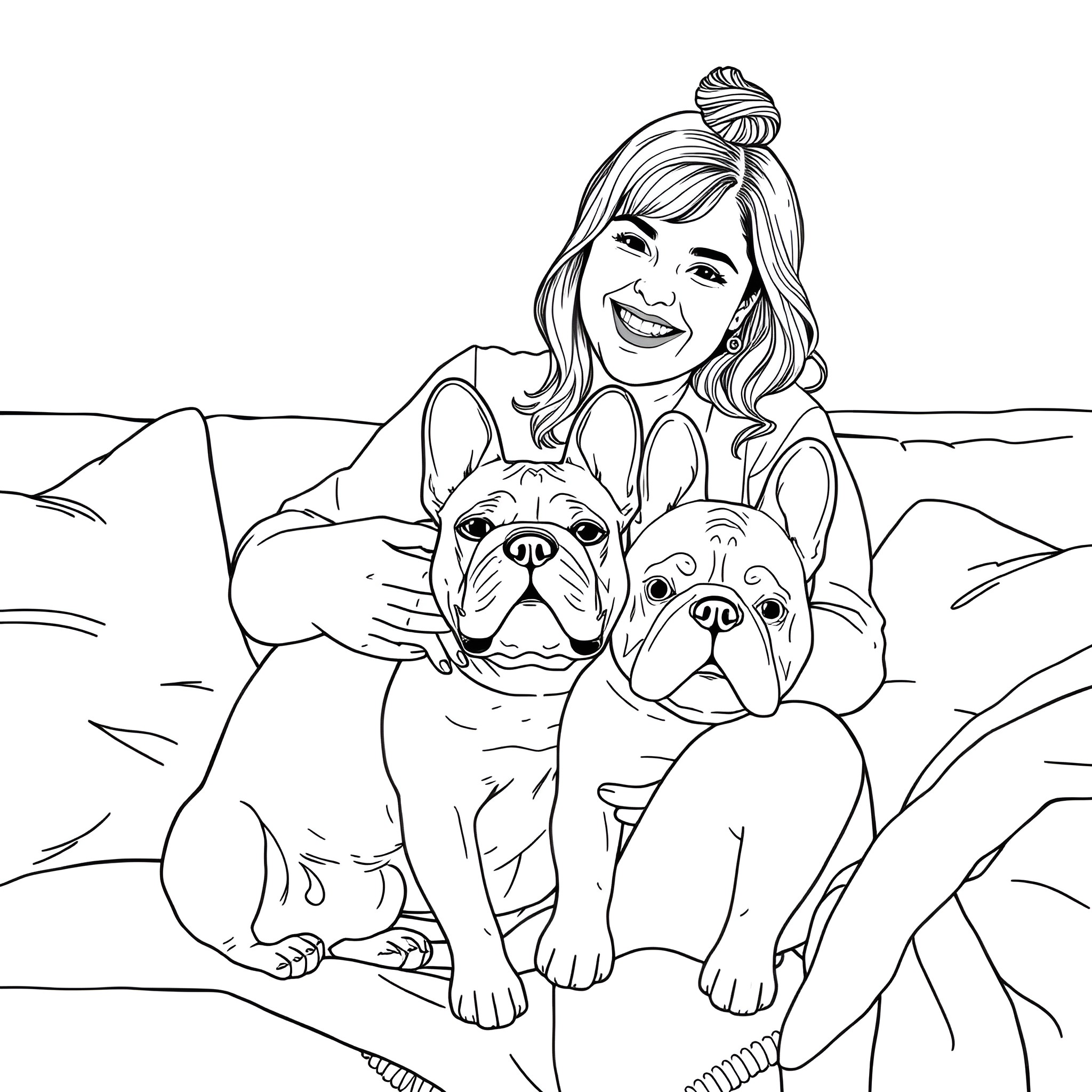 Woman smiling happily with her two pet dogs Coloring Page (free black-and-white line drawing printable PDF for all, from beginners to advanced learners, including children, teens, adults, and seniors)