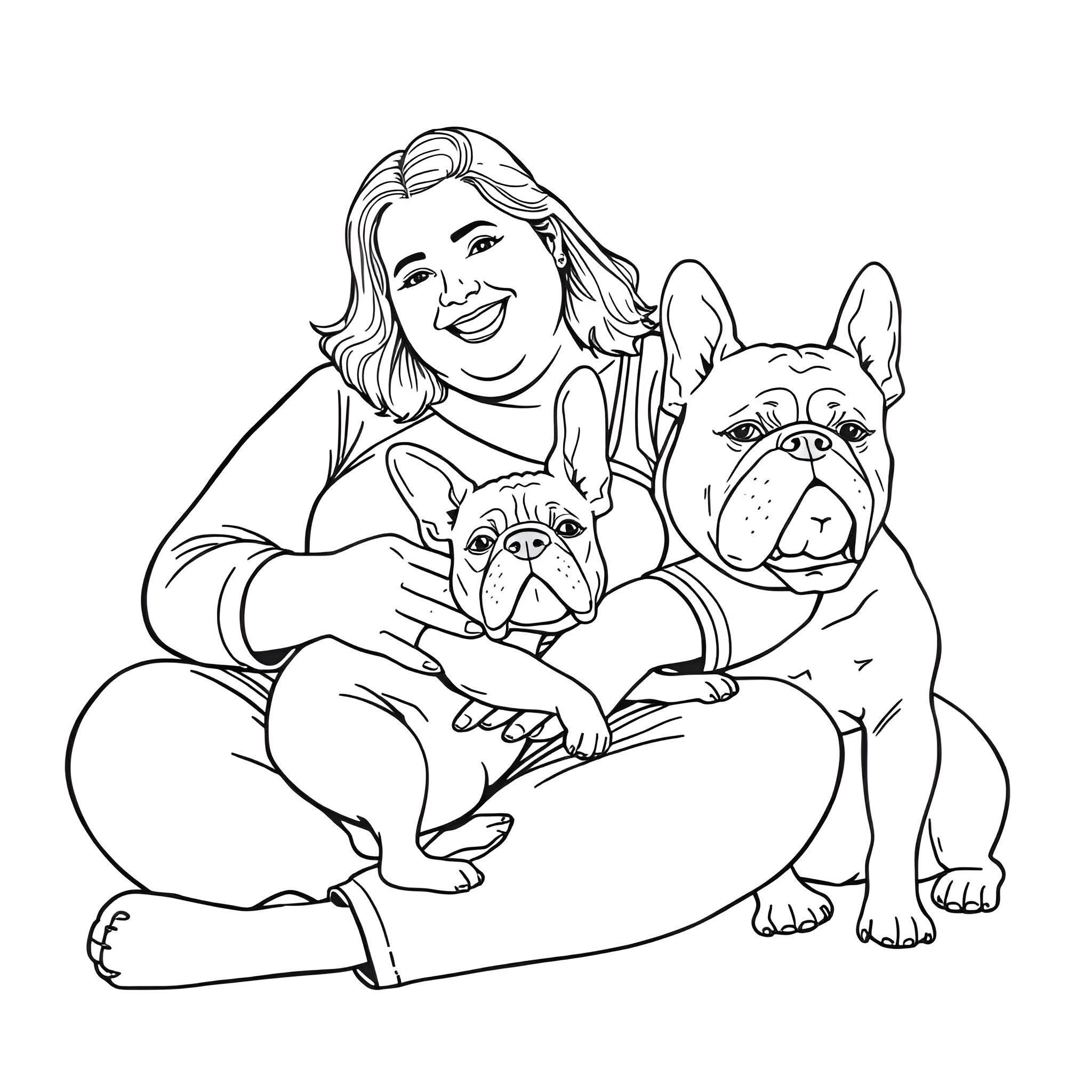 Woman smiling and holding her pet dogs Coloring Page (free black-and-white line drawing printable PDF for all, from beginners to advanced learners, including children, teens, adults, and seniors)