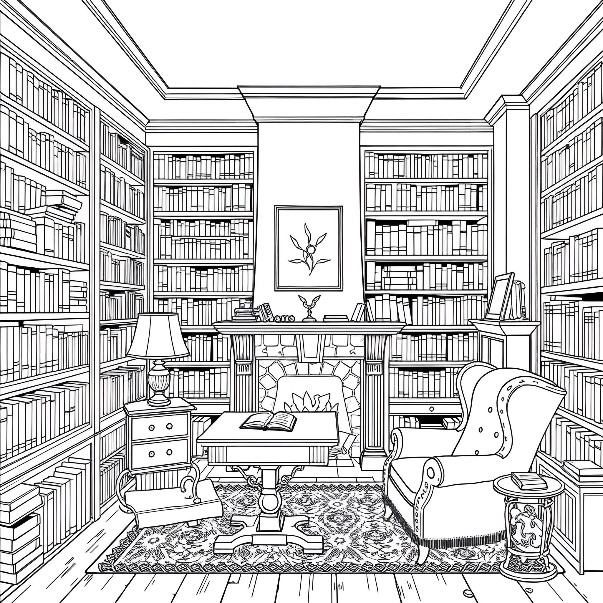 Home Library with Bookshelves and Cozy Furniture Coloring Page (free black-and-white line drawing printable PDF for all, from beginners to advanced learners, including children, teens, adults, and seniors)
