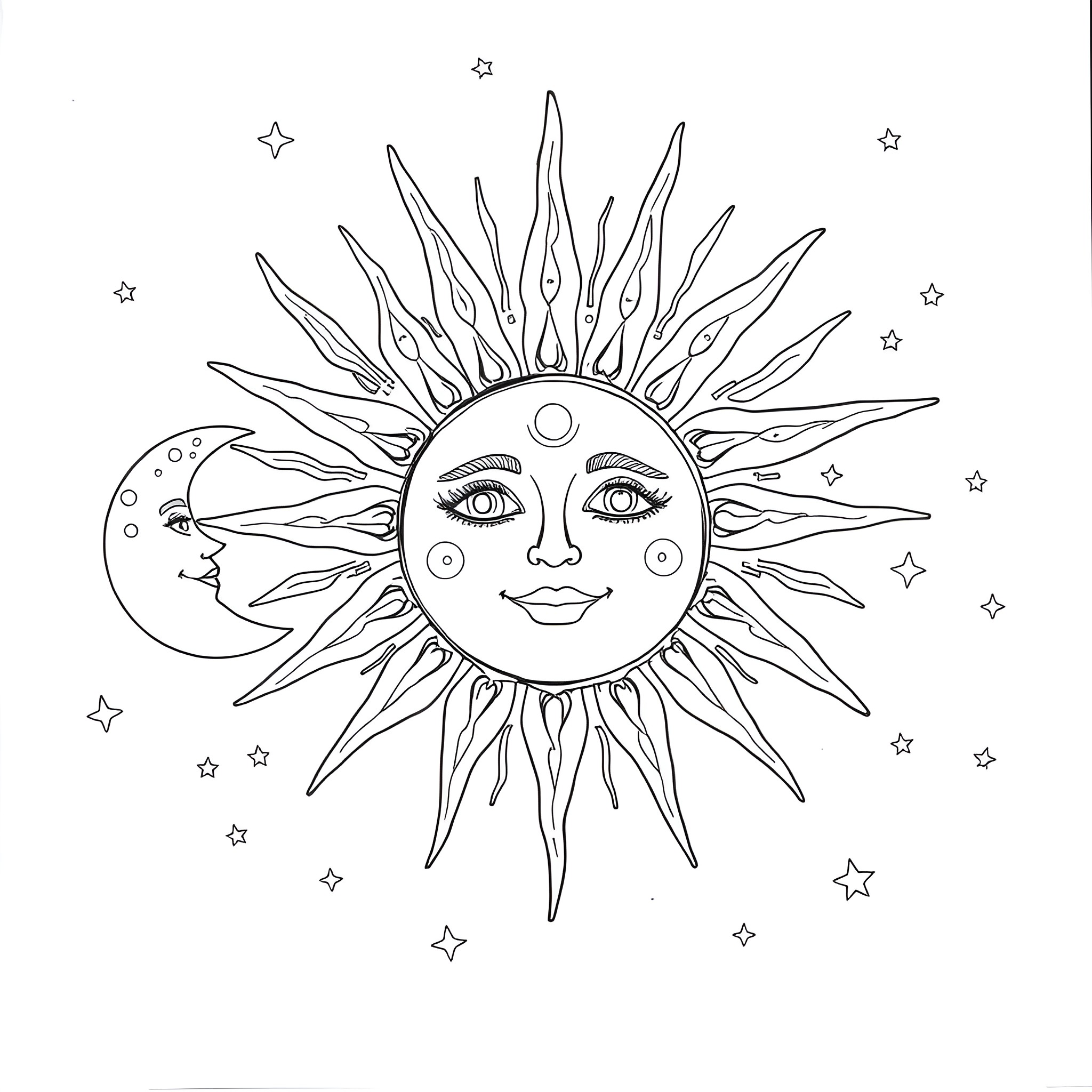 Sun Moon celestial imagery with smiling face Coloring Page (free black-and-white line drawing printable PDF for all, from beginners to advanced learners, including children, teens, adults, and seniors)