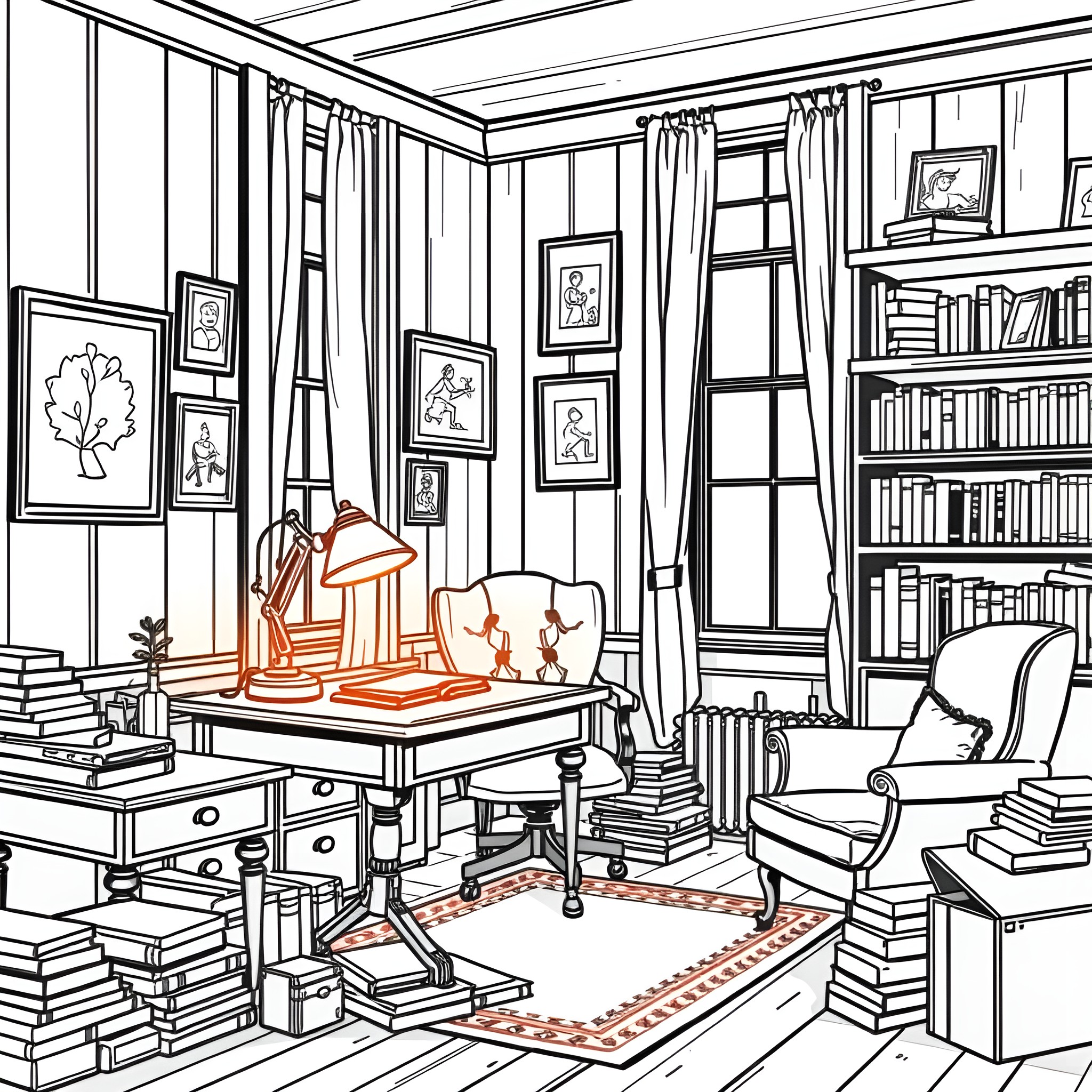 Home Office with Cozy Reading Nook Coloring Page (free black-and-white line drawing printable PDF for all, from beginners to advanced learners, including children, teens, adults, and seniors)